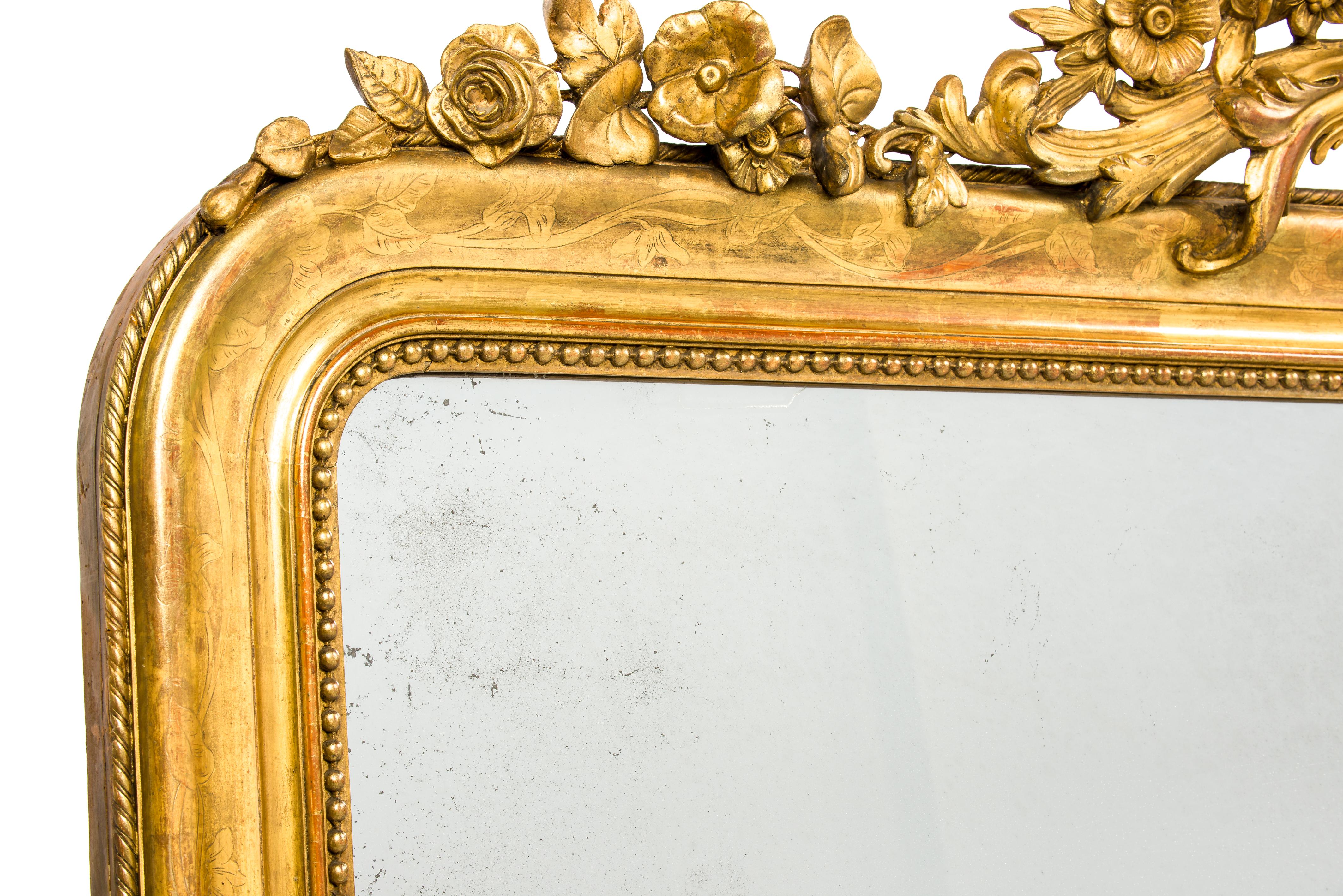 Antique 19th Century French Gold Leaf Gilt Louis Philippe Mirror with Crest 1