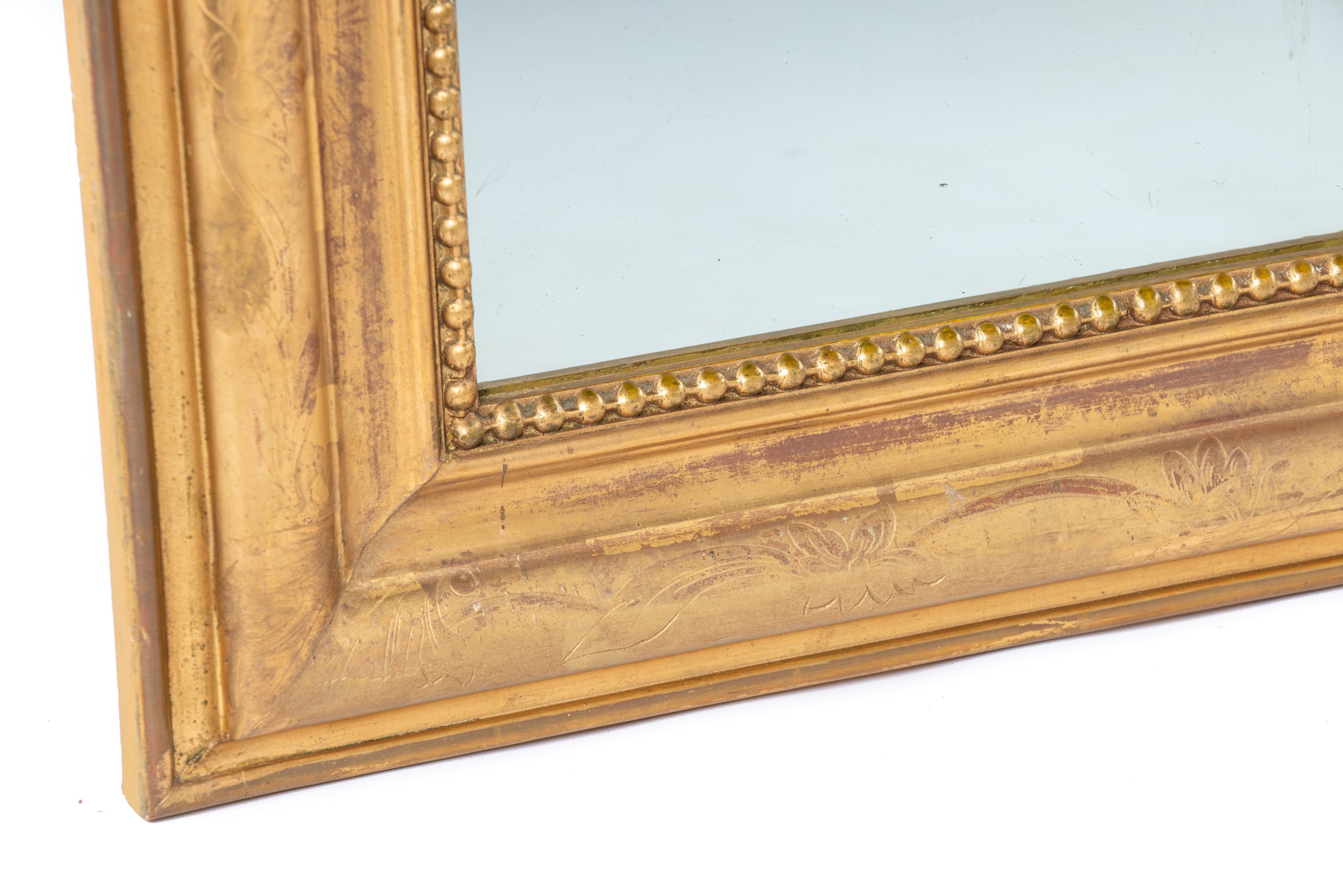 Gesso Antique 19th-century French gold leaf gilt Louis Philippe mirror with crest