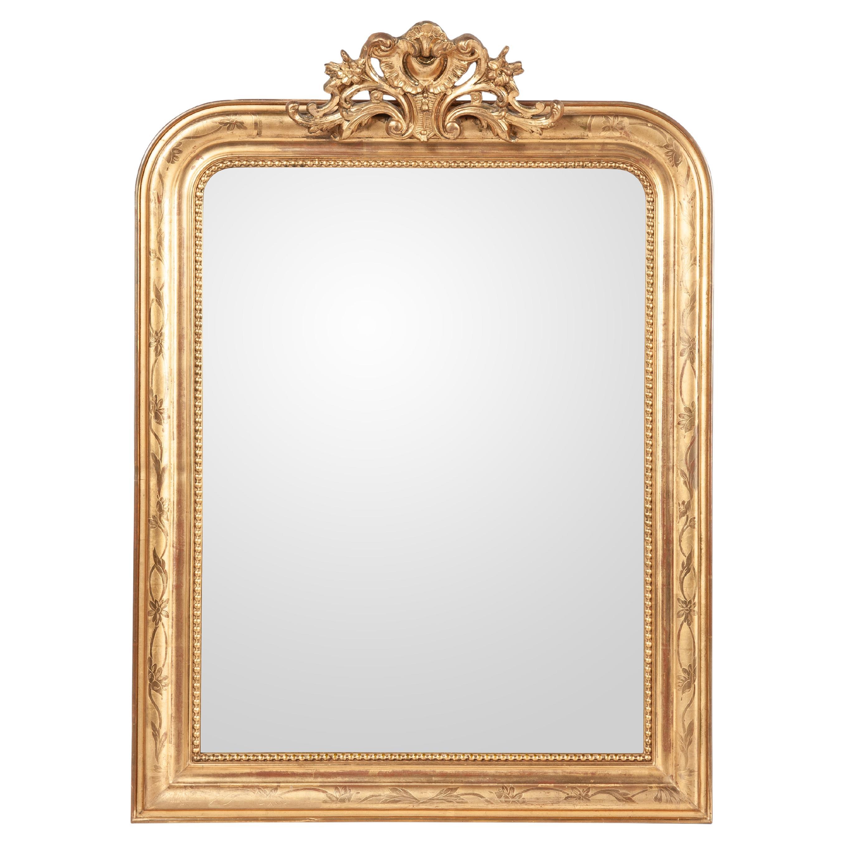 Antique 19th-century French gold leaf gilt Louis Philippe mirror with crest