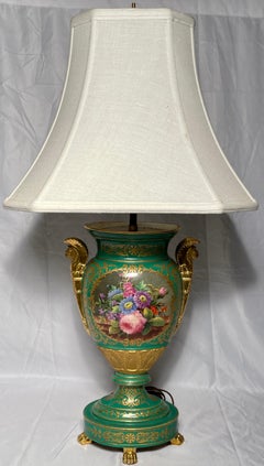 Antique 19th Century French Green and Gold Painted Porcelain Lamp, Circa 1860