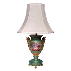 Antique 19th Century French Green and Gold Painted Porcelain Lamp, Circa 1860