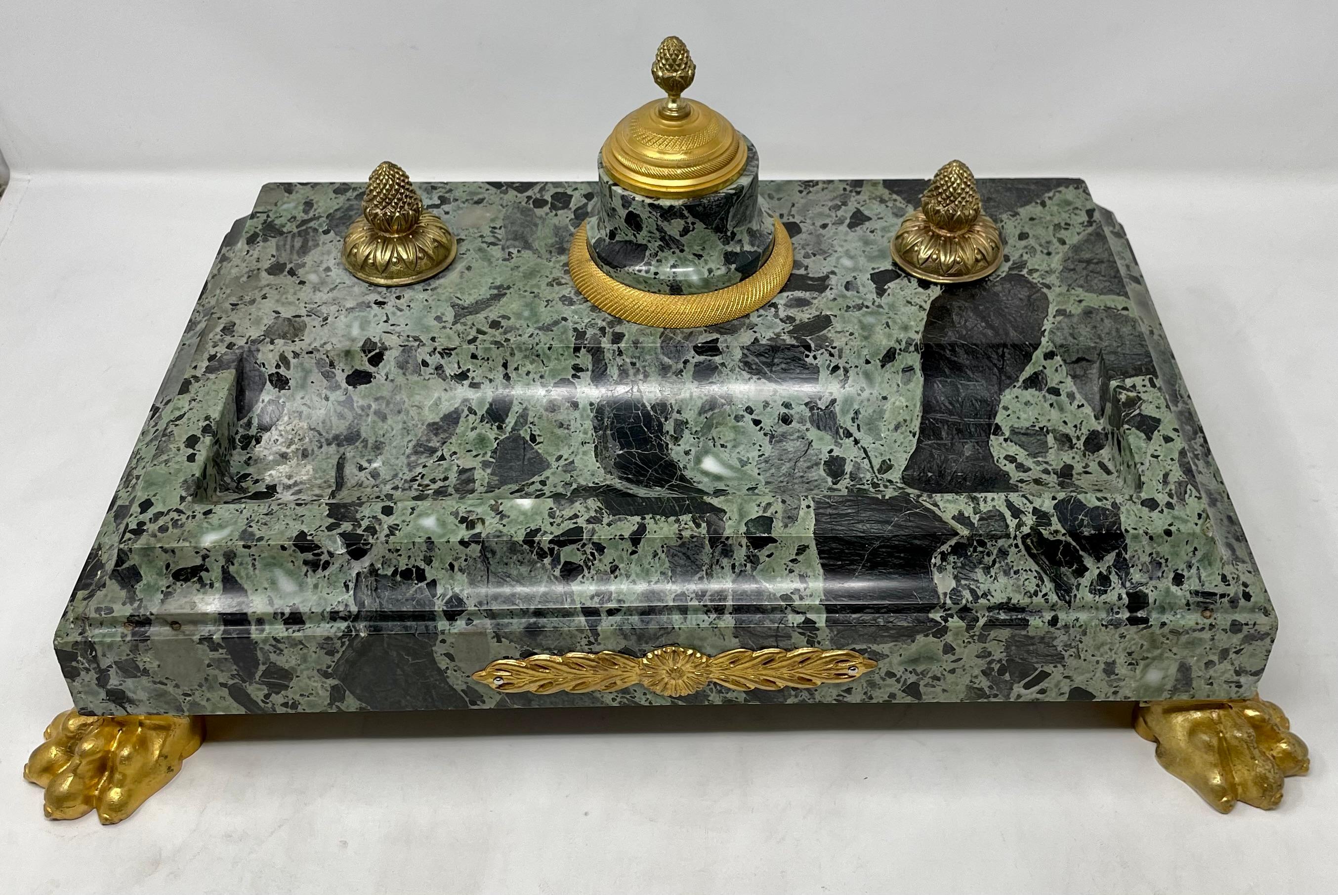 Antique handsome 19th century French green marble and ormolu ink stand.
