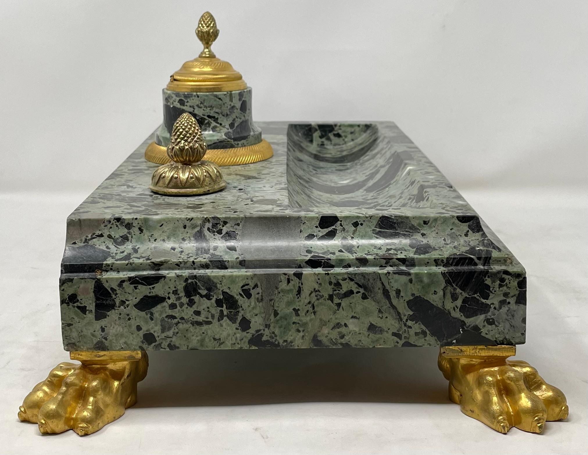 Antique 19th Century French Green Marble and Ormolu Ink Stand.  In Good Condition For Sale In New Orleans, LA