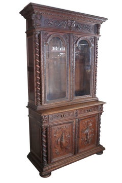 Antique 19th Century French Henry II Carved Oak Hunt Cabinet Bookcase Cupboard