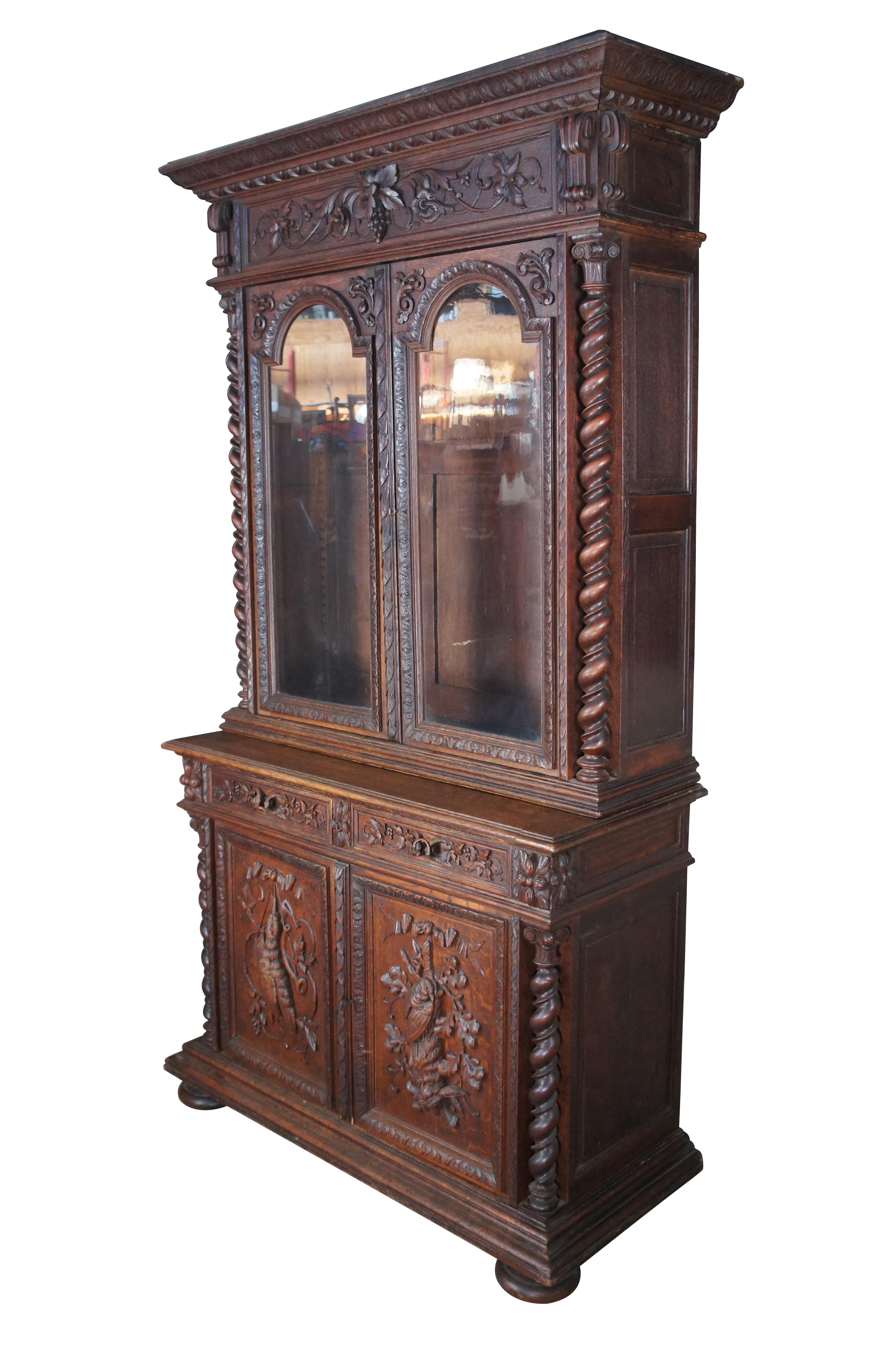 Renaissance Revival Antique 19th Century French Henry II Carved Oak Hunt Cabinet Bookcase Cupboard For Sale