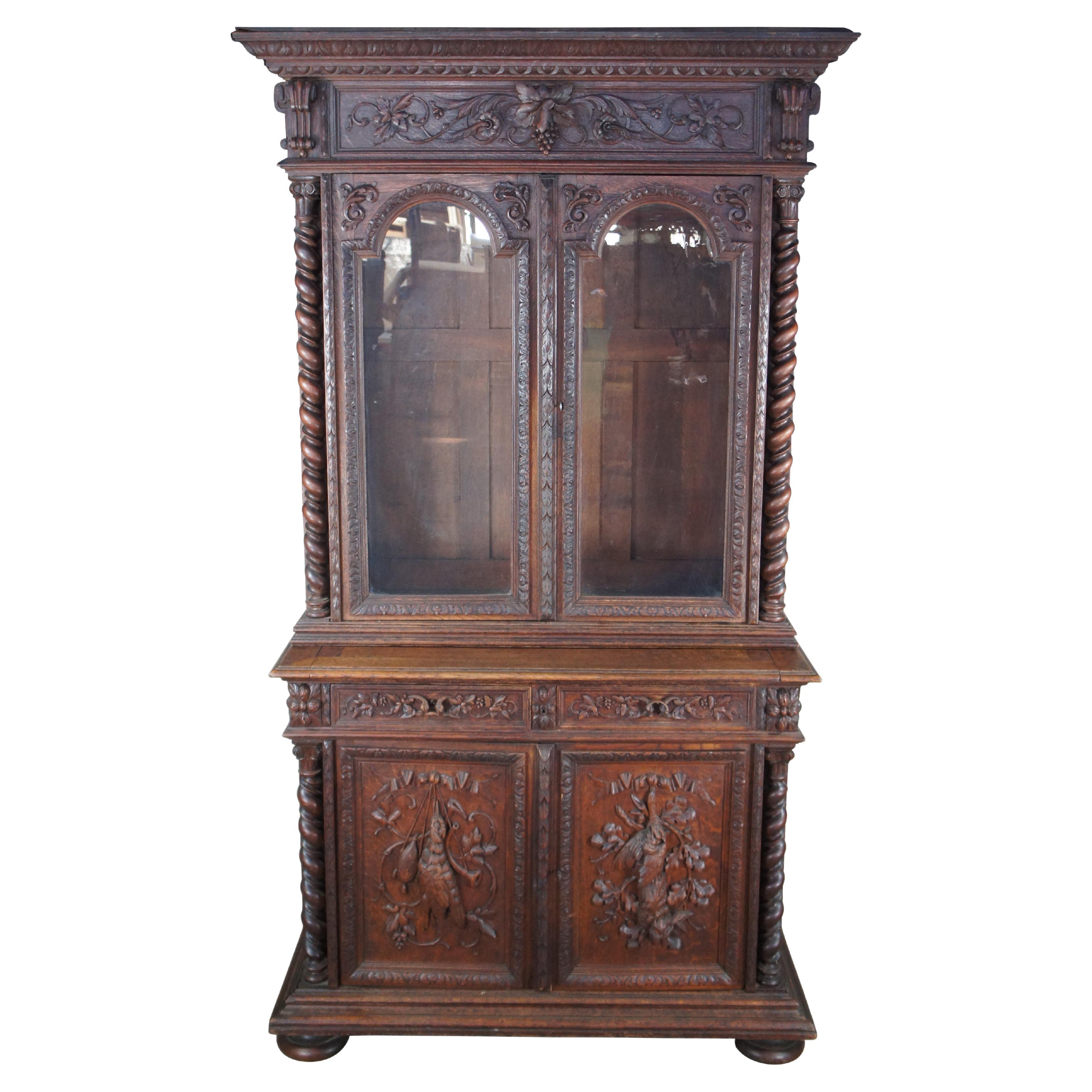 Antique 19th Century French Henry II Carved Oak Hunt Cabinet Bookcase Cupboard For Sale