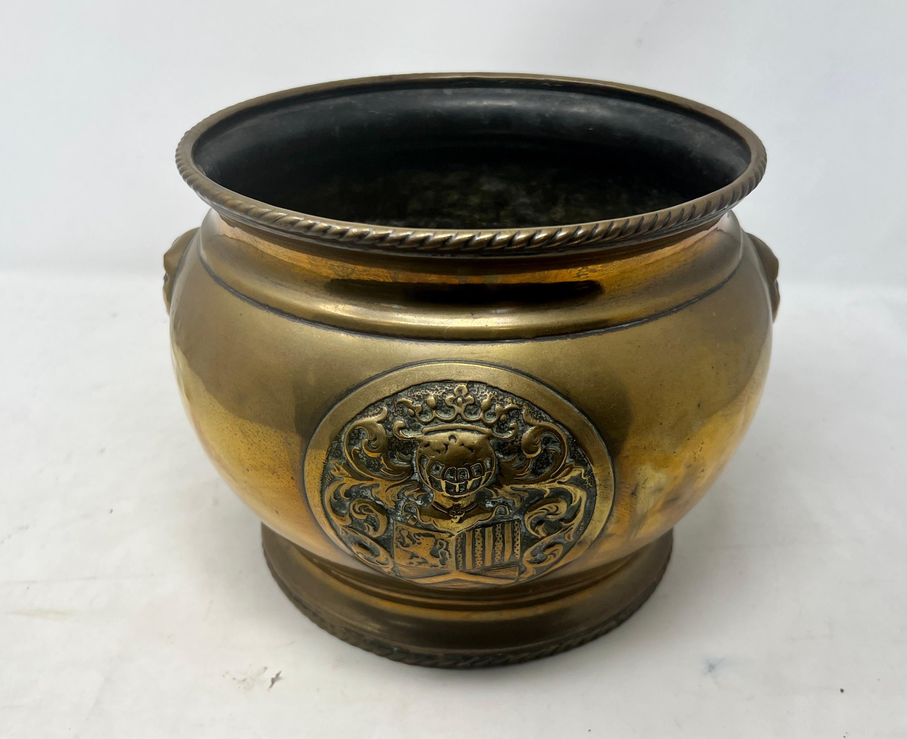Antique 19th Century French Heraldic Brass Jardiniere. In Good Condition For Sale In New Orleans, LA