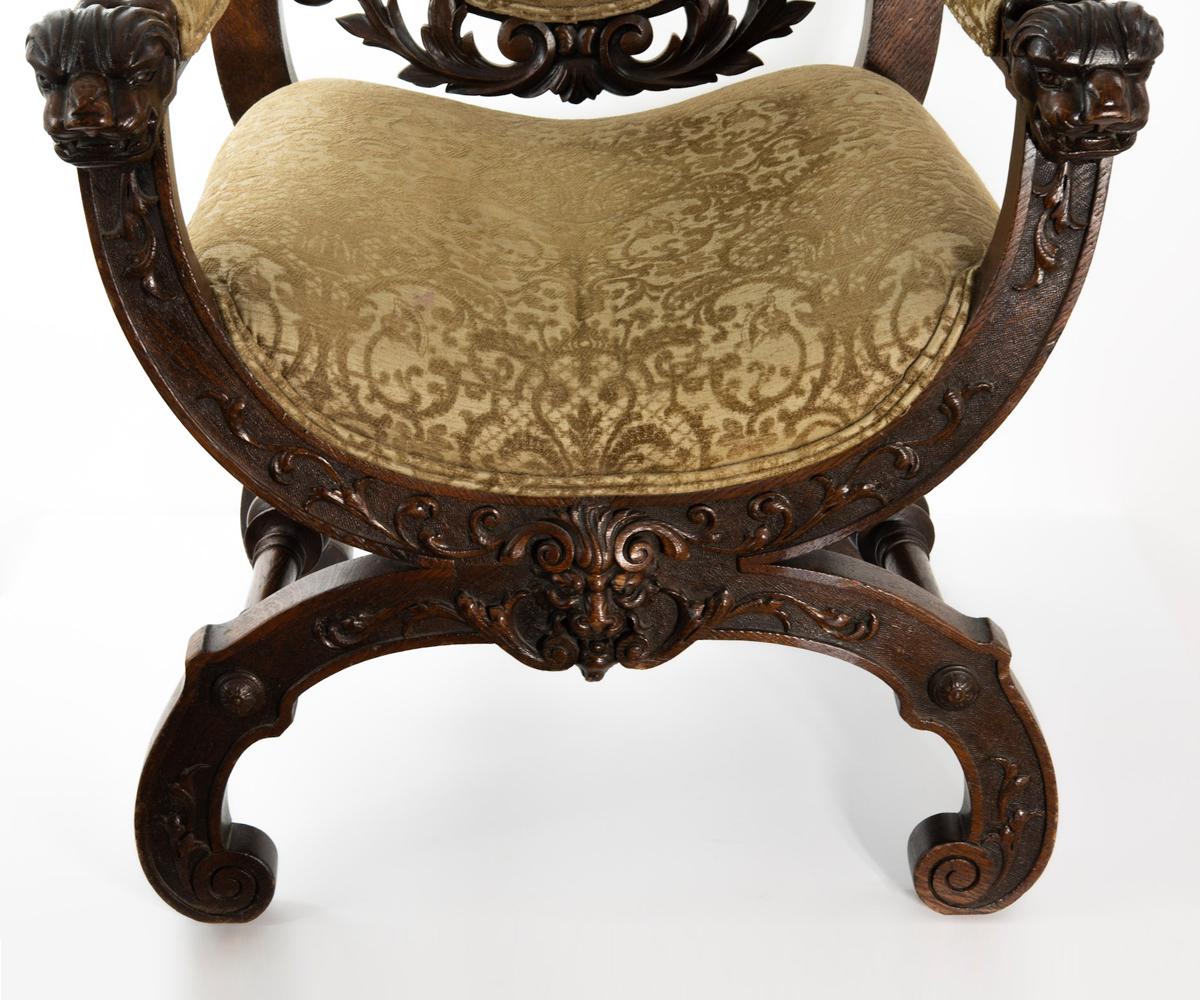 Hand-Carved Antique 19th Century French High Back Savonarola Style Armchair