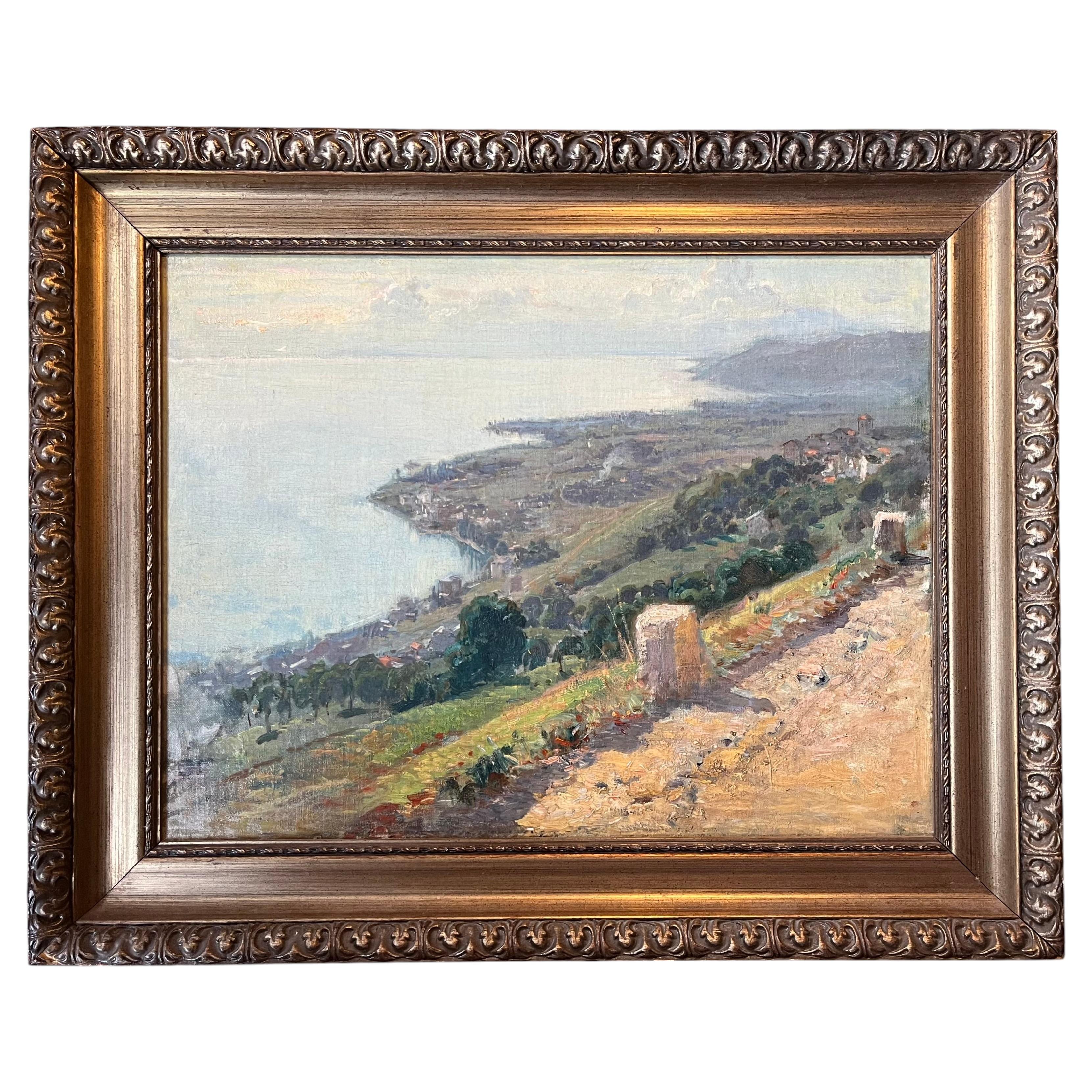 Antique 19th Century French Impressionist Landscape Oil Painting of the Riviera