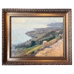 Peinture à l'huile antique du XIXe siècle représentant un paysage impressionniste français de la Côte d'Azur