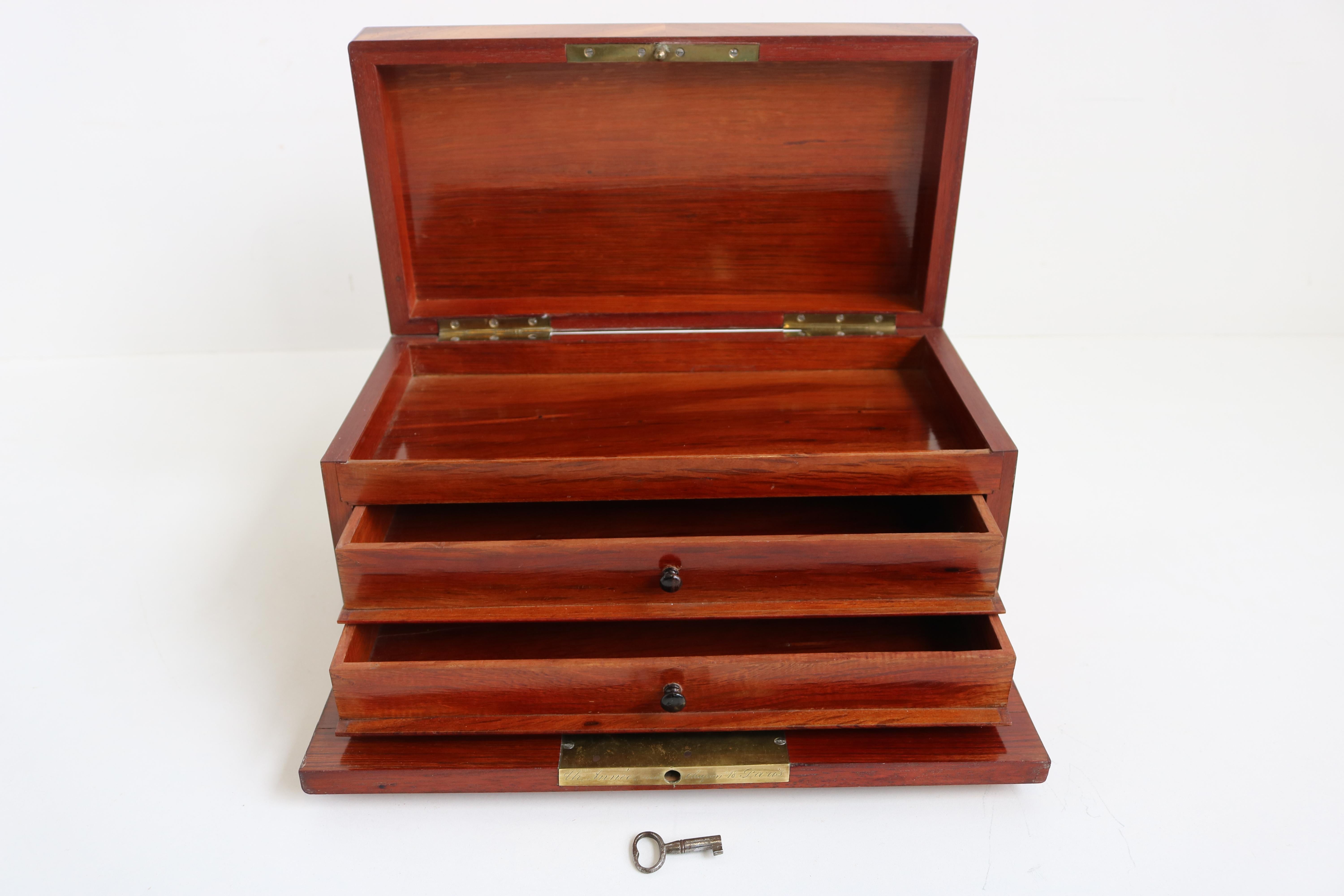 Gorgeous French Jewelry box / collectors box by Théodore Année made in Paris during the 19th century in the Napoleon III period. 
Amazing craftsmanship with multiple inlaid woods, the piece is signed on the lock ''Th. Année, Rue Chapon 18, Paris''