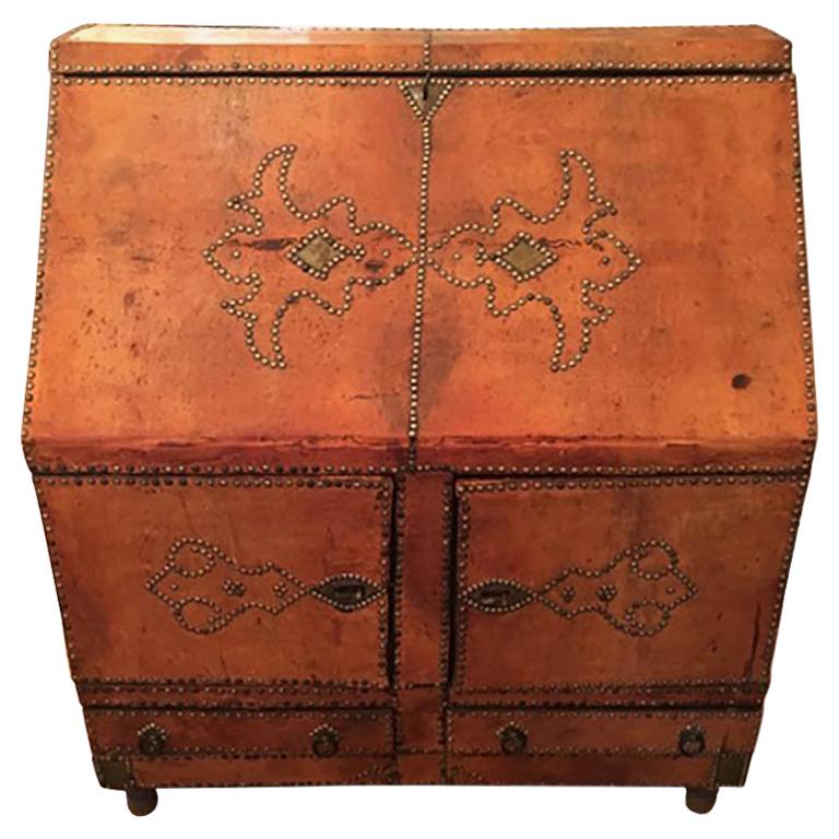 Antique 19th Century French Leather Bureau with Red Linen Interior Lining