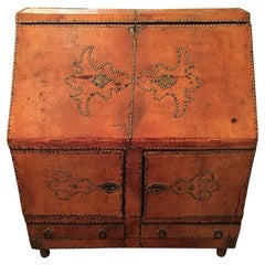 Antique 19th Century French Leather Bureau with Red Linen Interior Lining