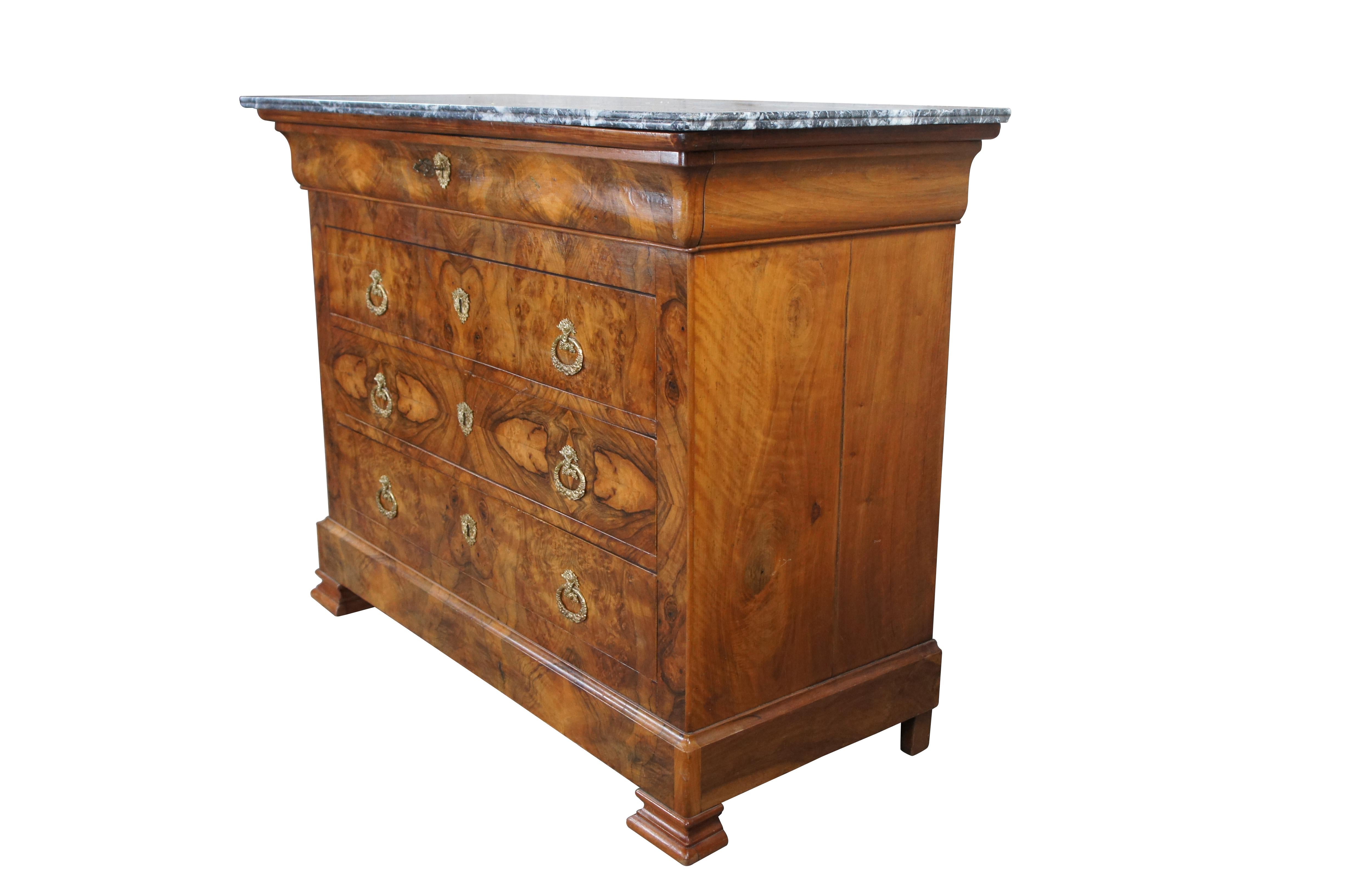 Antique 19th Century French Louis Philippe Walnut Burl Marble Top Commode Chest  In Good Condition In Dayton, OH
