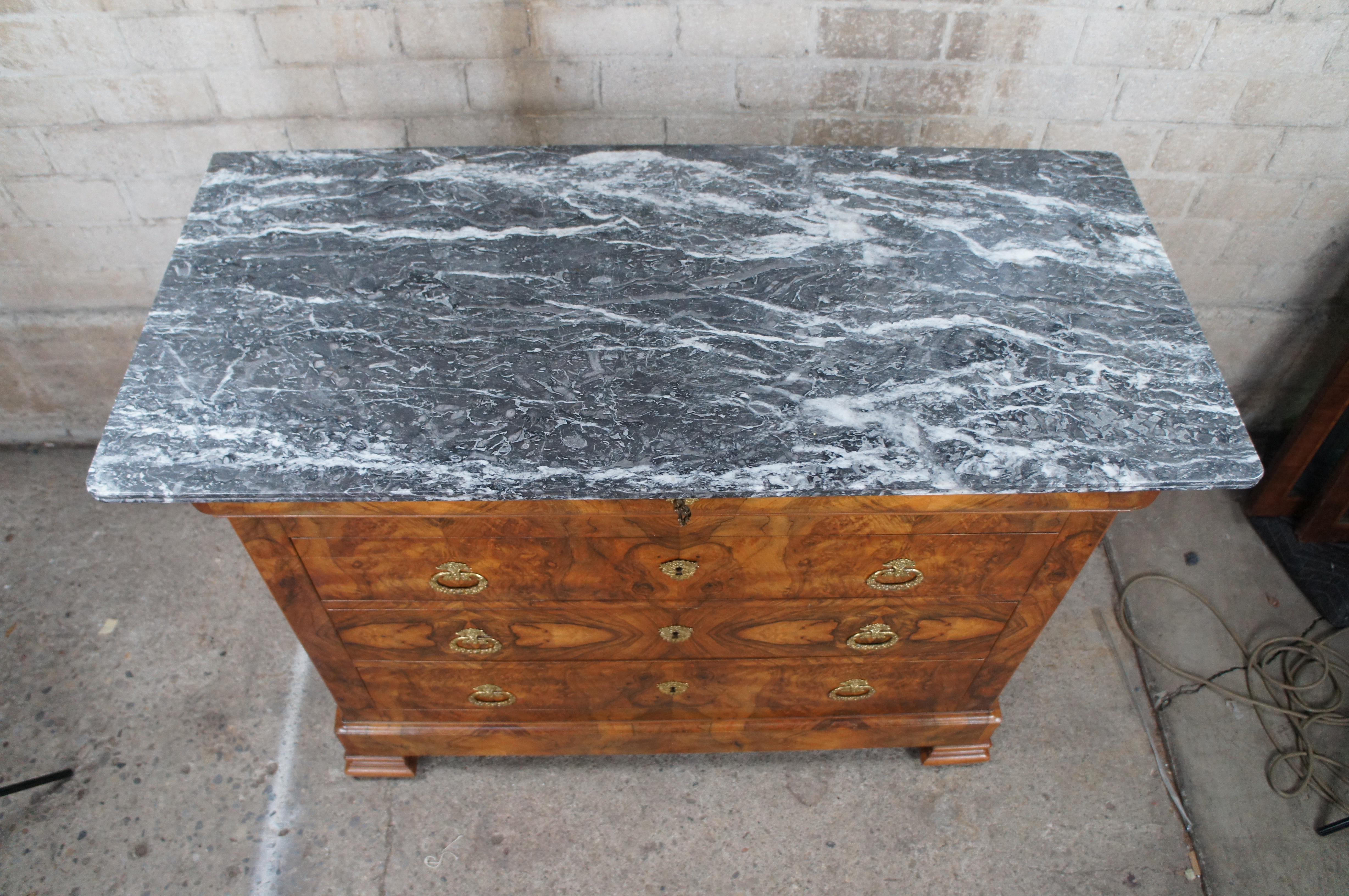Mid-19th Century Antique 19th Century French Louis Philippe Walnut Burl Marble Top Commode Chest 