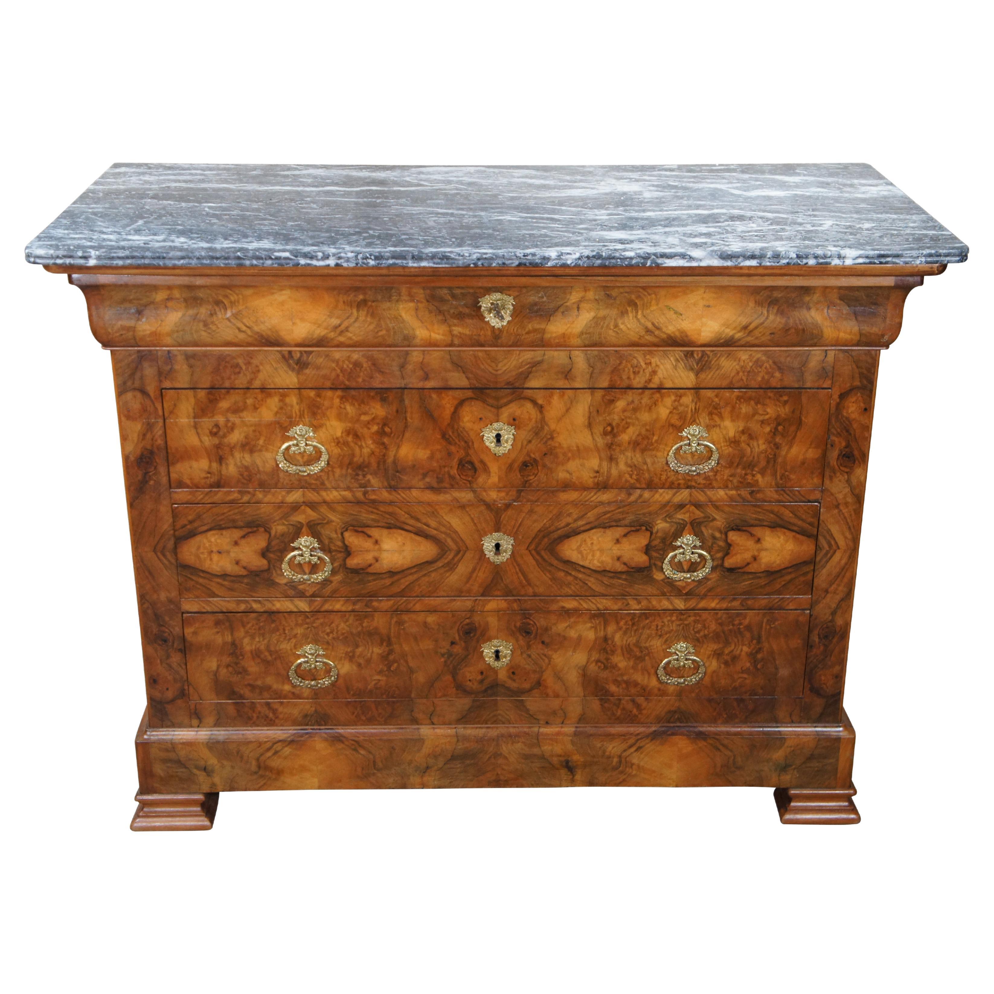Antique 19th Century French Louis Philippe Walnut Burl Marble Top Commode Chest 