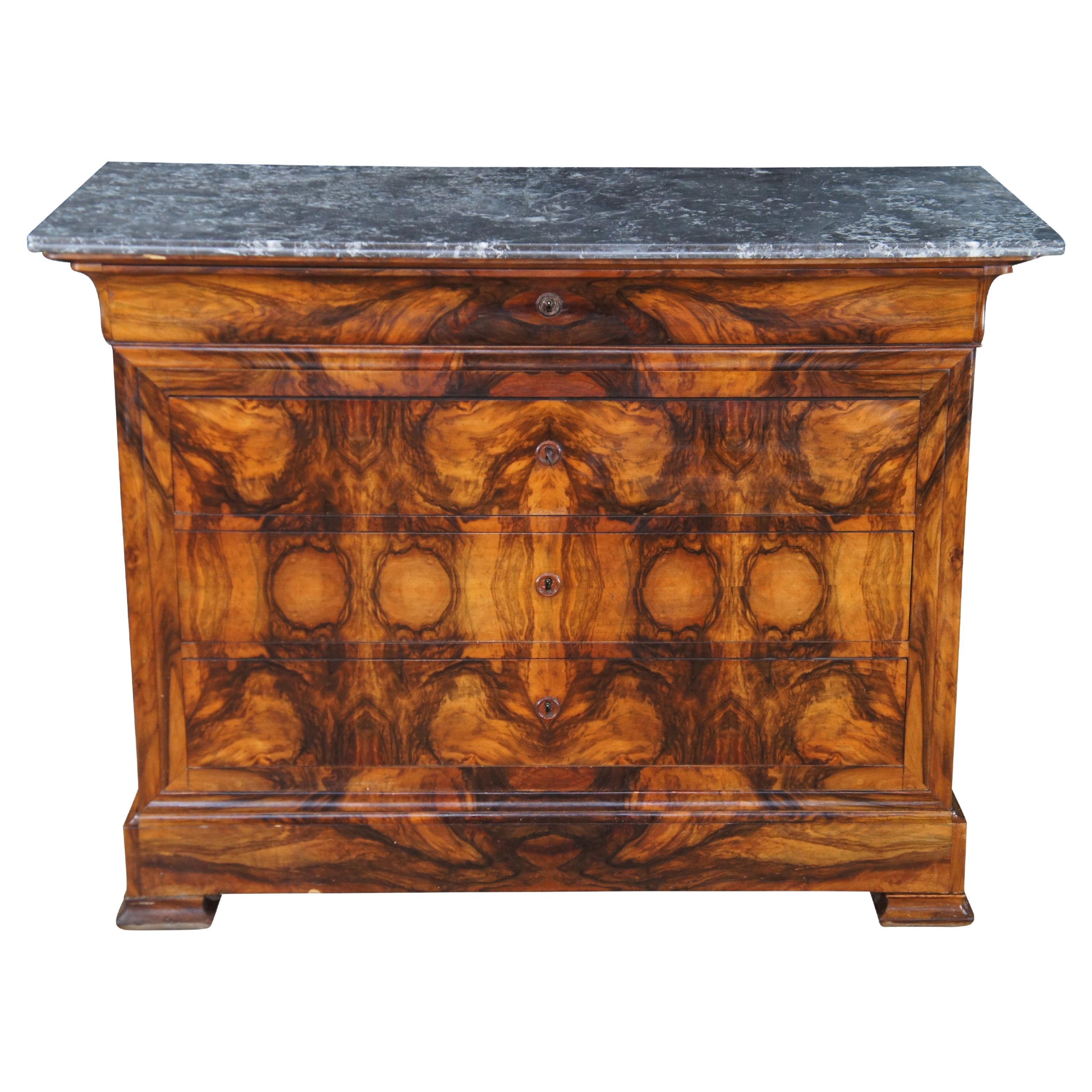 Antique 19th Century French Louis Philippe Walnut Burl Marble Top Commode Chest