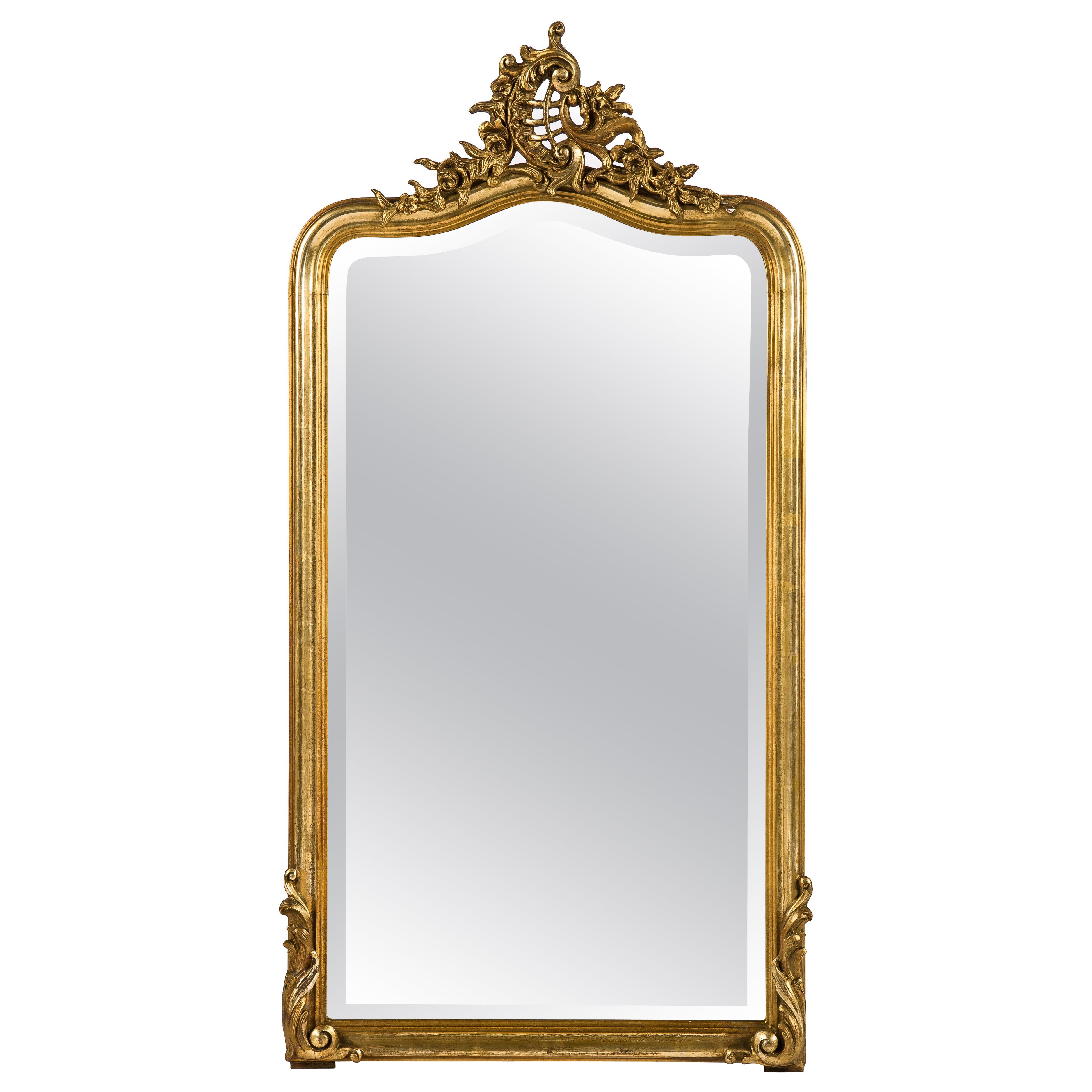 Antiguo espejo dorado francés Louis Quinze del siglo XIX con cristal facetado