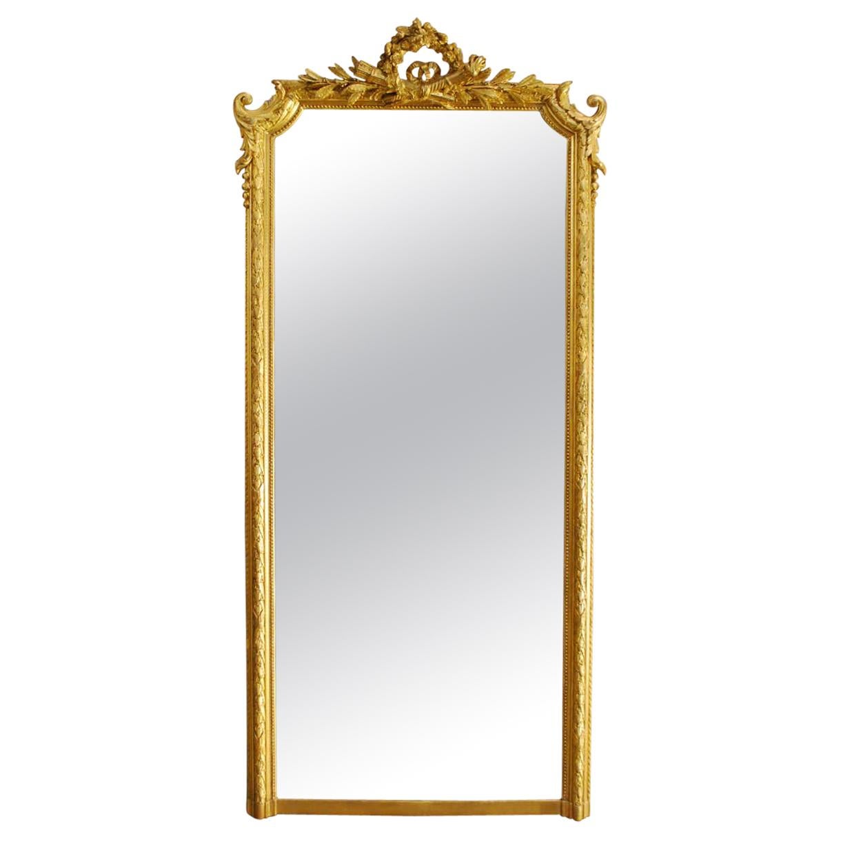 Antique 19th Century French Louis Seize Gold Gilt Mirror with Crest