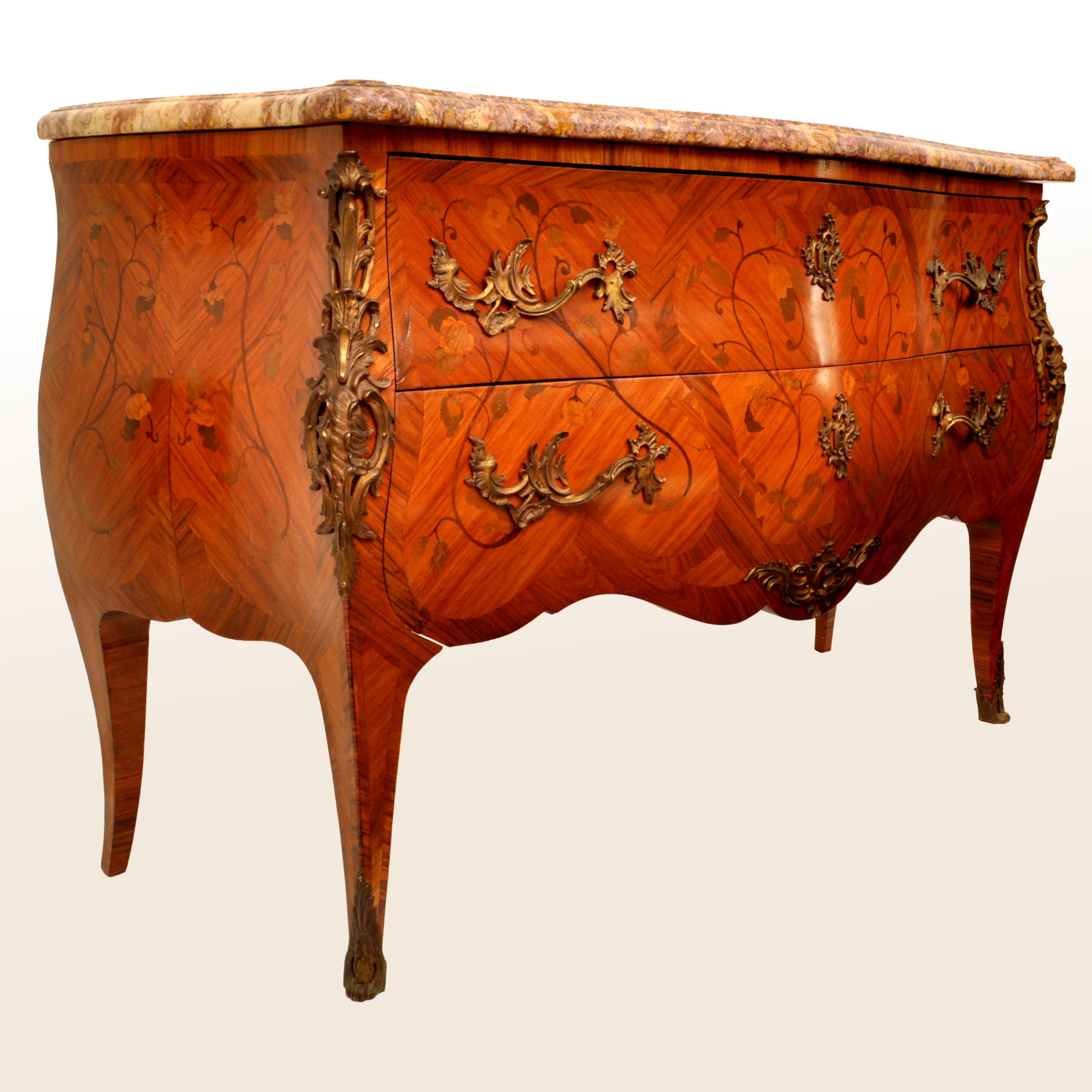 Gilt Antique 19th Century French Louis XV Inlaid Marquetry Bombe Commode Chest 1880