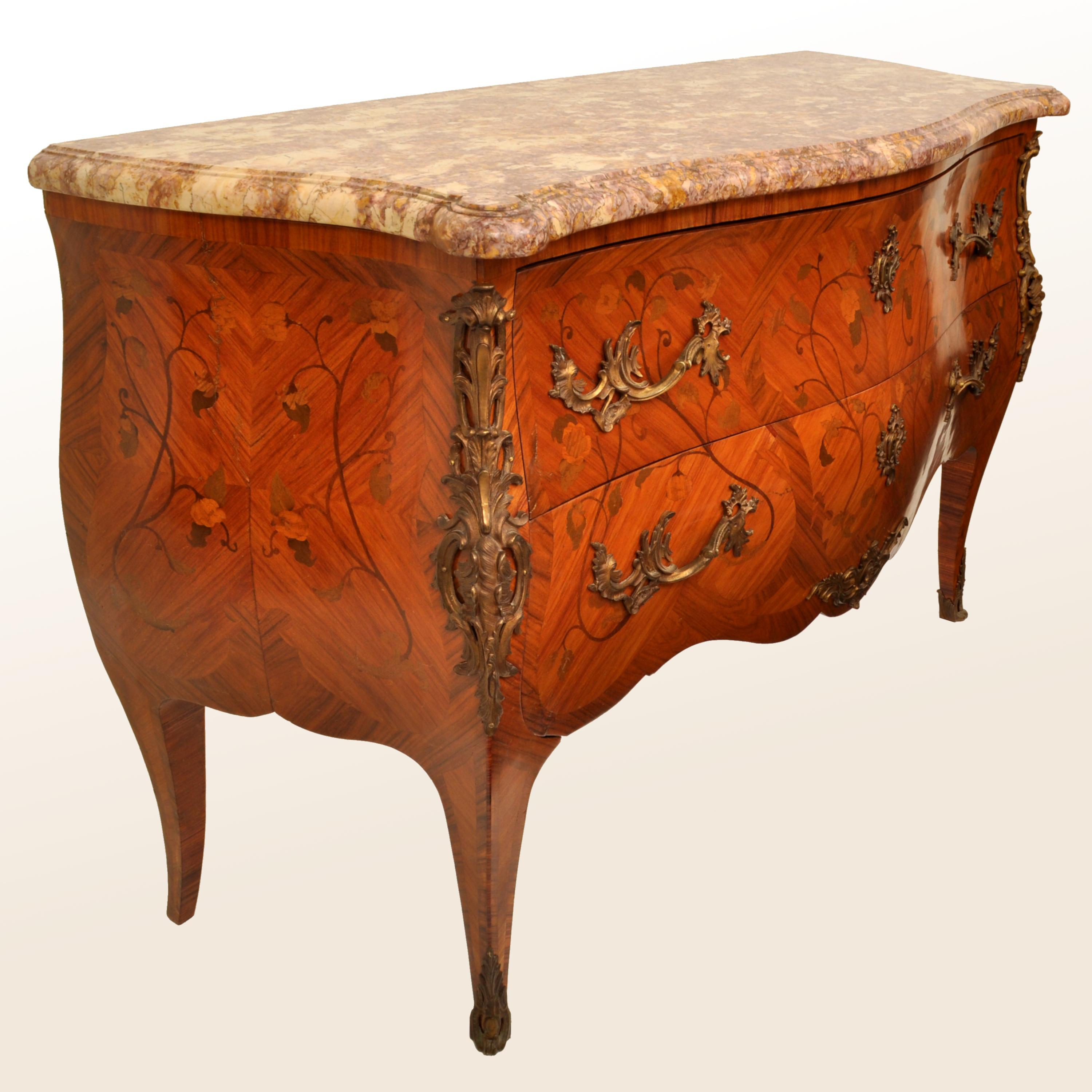 Antique 19th Century French Louis XV Inlaid Marquetry Bombe Commode Chest 1880 In Excellent Condition In Portland, OR