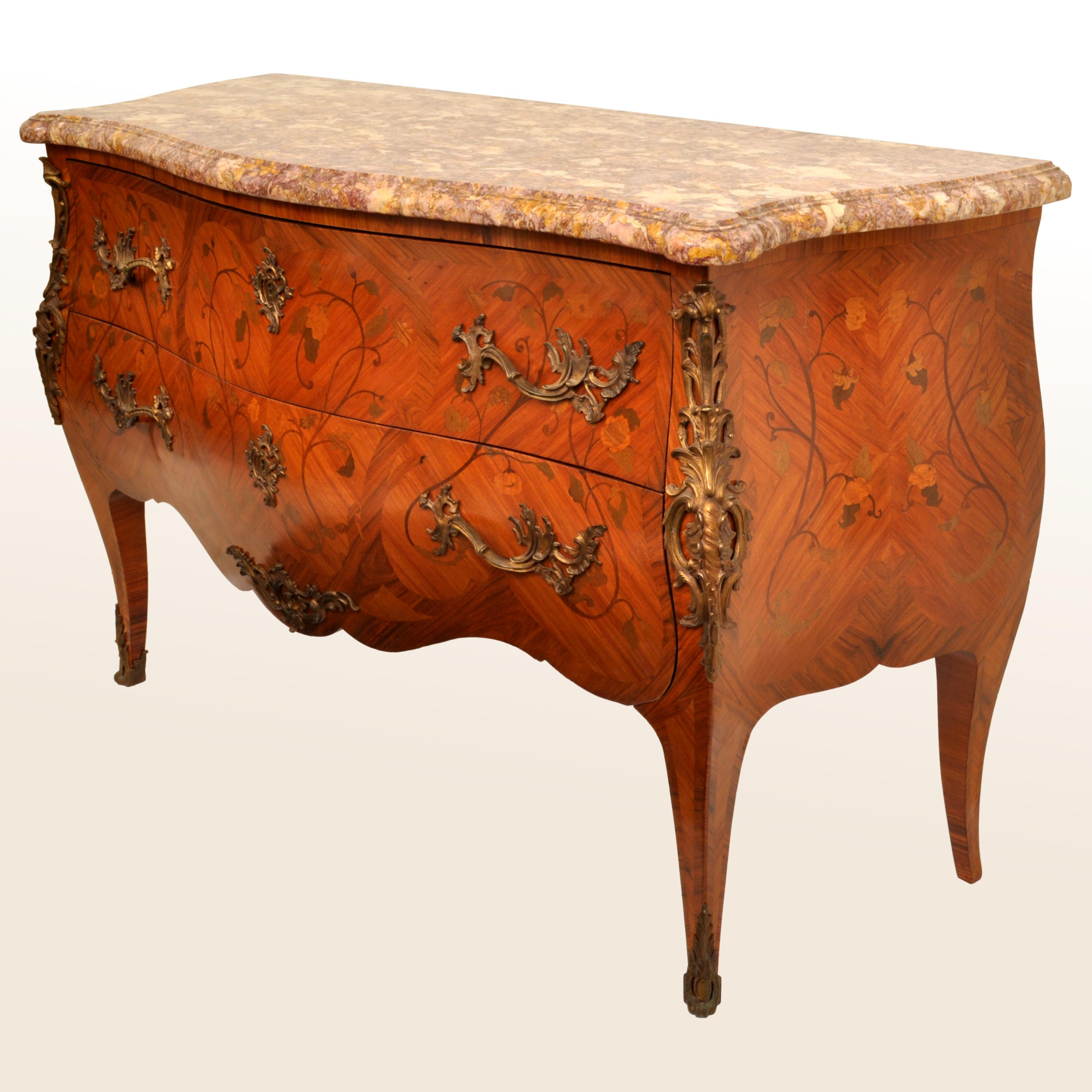 Late 19th Century Antique 19th Century French Louis XV Inlaid Marquetry Bombe Commode Chest 1880