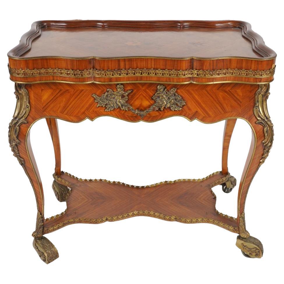Antique 19th Century French Louis XV Kingwood Marquetry Serving or Bar Cart For Sale