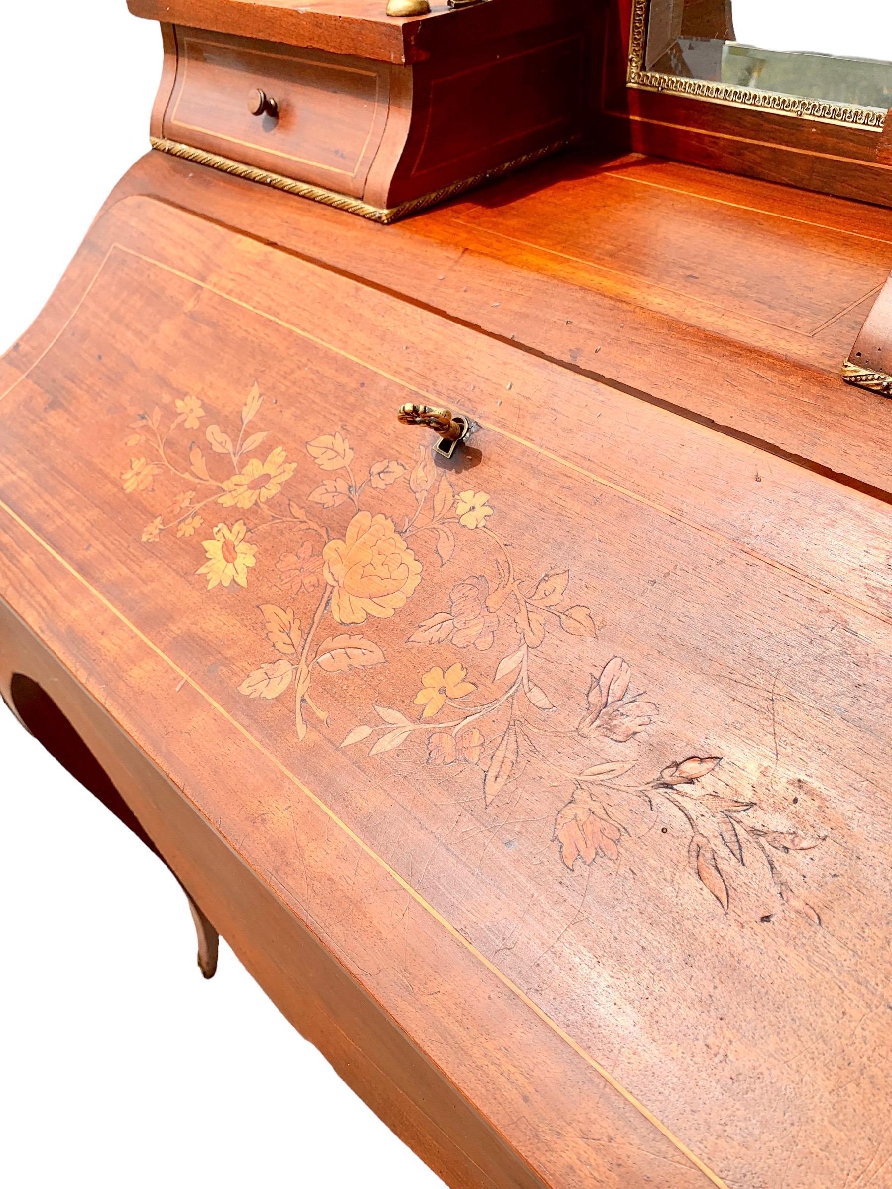 Antique 19th Century French Louis XV Style Inlaid Carved Cherry Bonheur du Jour In Good Condition For Sale In New Orleans, LA