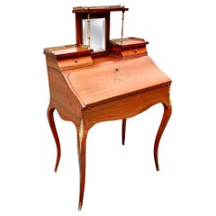 Antique 19th Century French Louis XV Style Inlaid Carved Cherry Bonheur du Jour