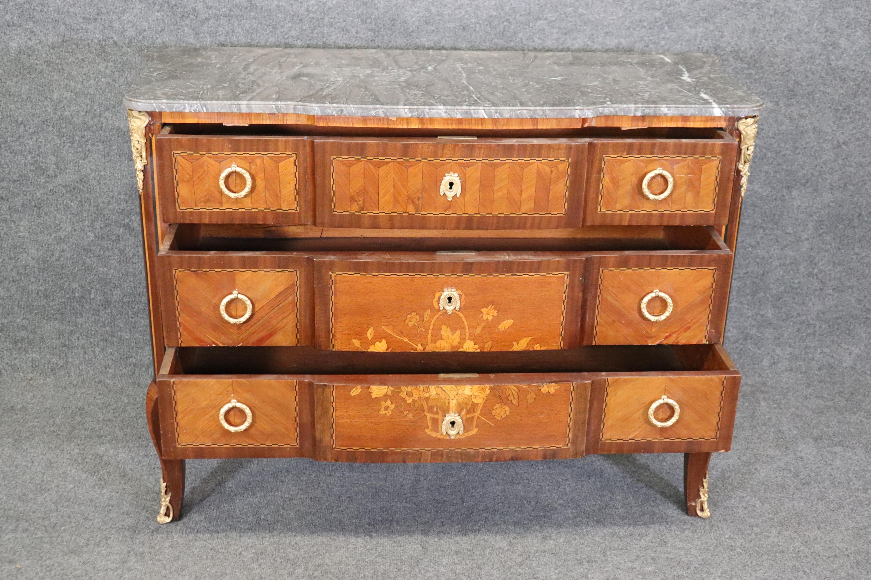 Antique 19th Century French Louis XV Style Inlaid Marble Top Commode For Sale 1