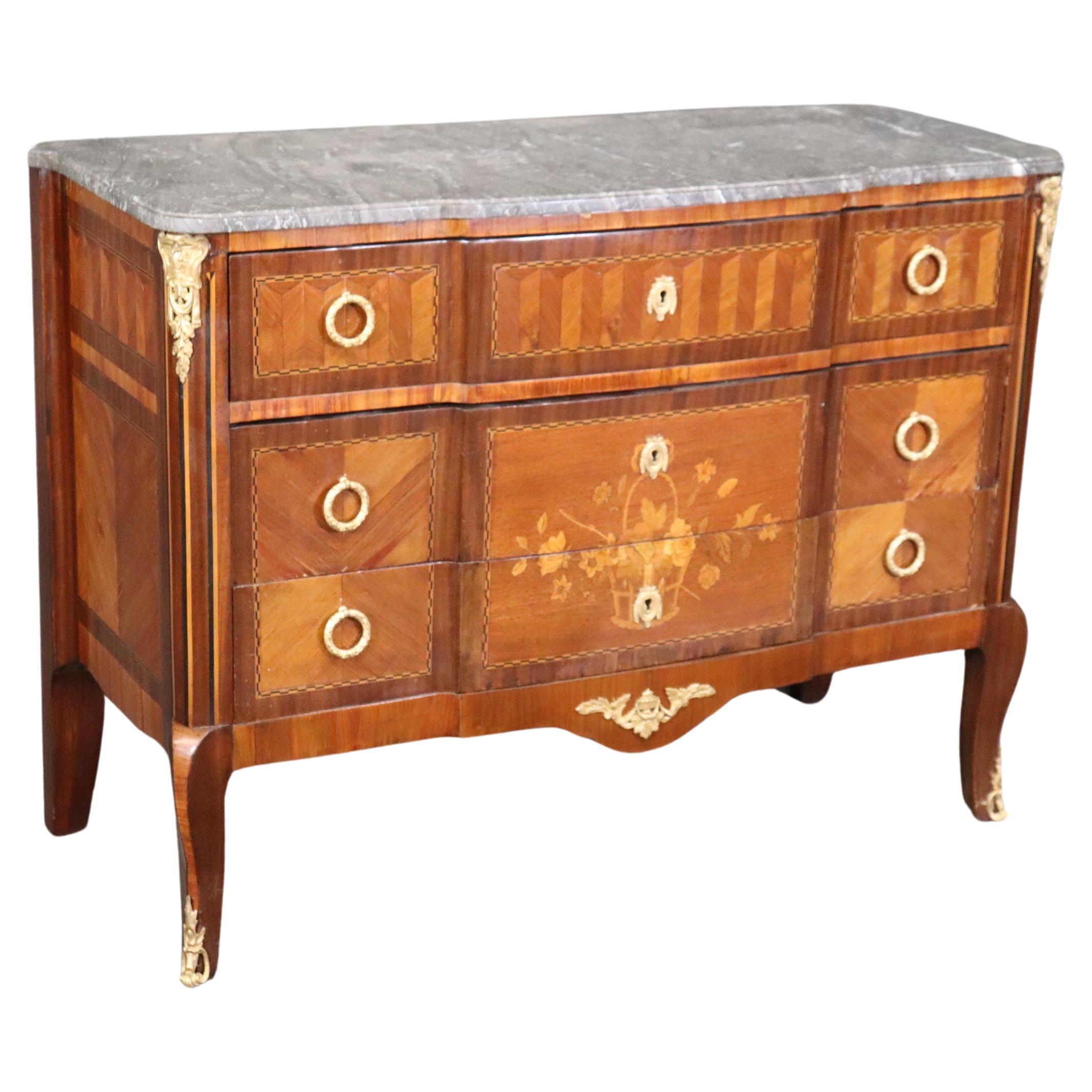 Antique 19th Century French Louis XV Style Inlaid Marble Top Commode For Sale