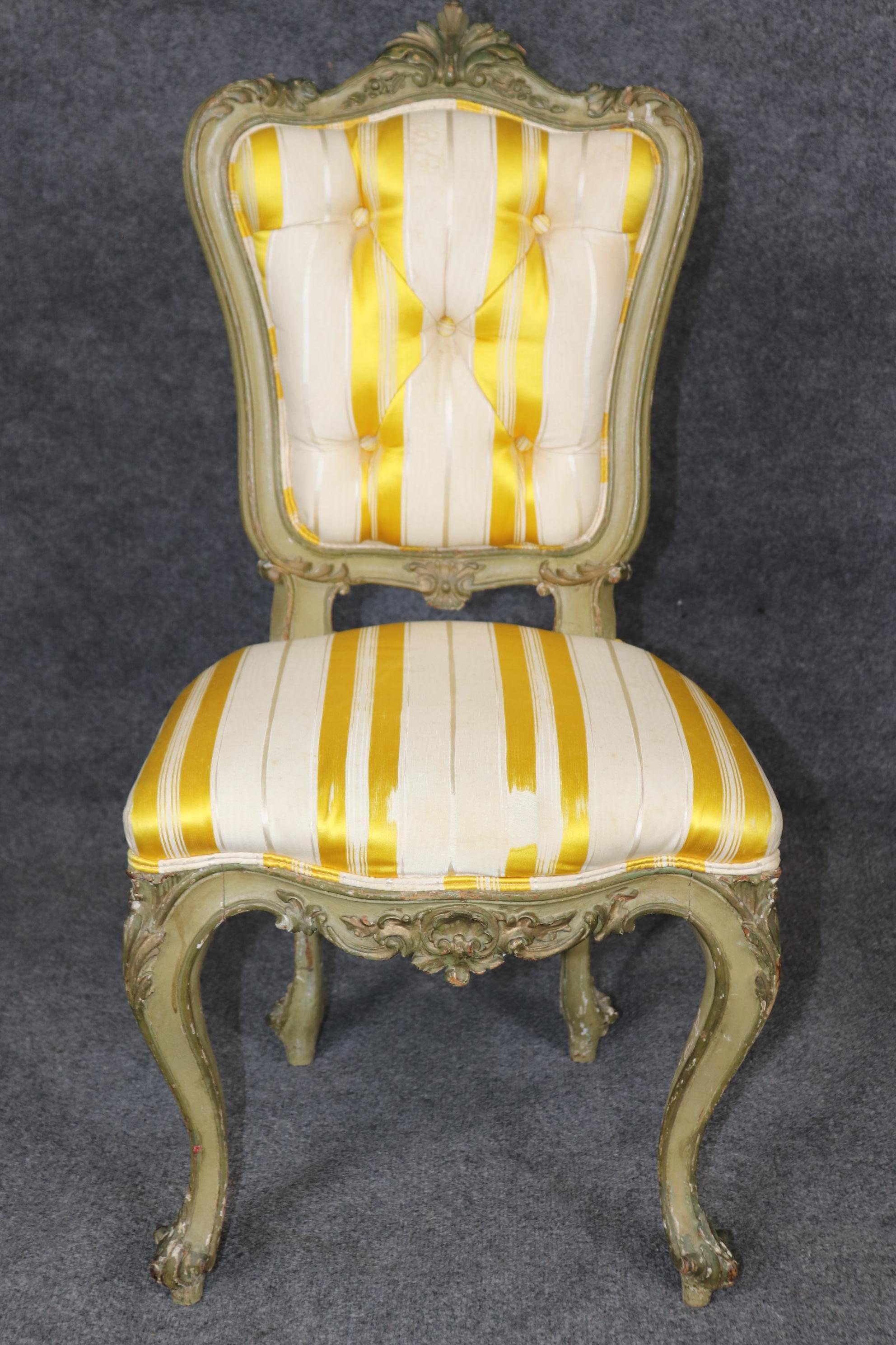 Dimensions: Height: 36 in Width: 17 3/4 in Depth: 20 in Seat Height: 17 1/4 in 

This antique 19th century French Louis XV style paint decorated side chair is made of the highest quality! If you look at the photos provided you will see the luxurious