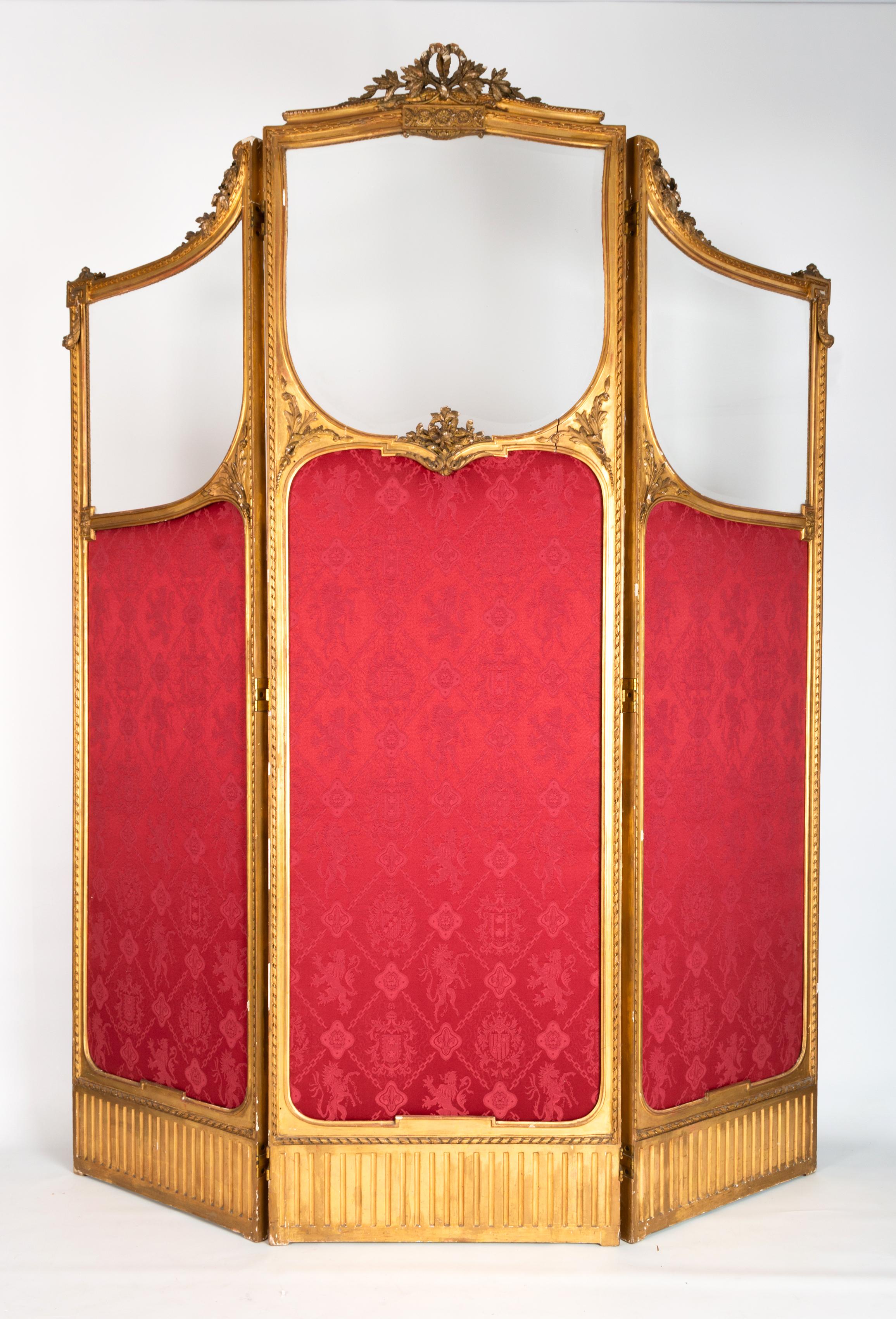 Antike 19. Jahrhundert Französisch Louis XVI Stil vergoldet drei Panel Bildschirm Raumteiler im Angebot 5