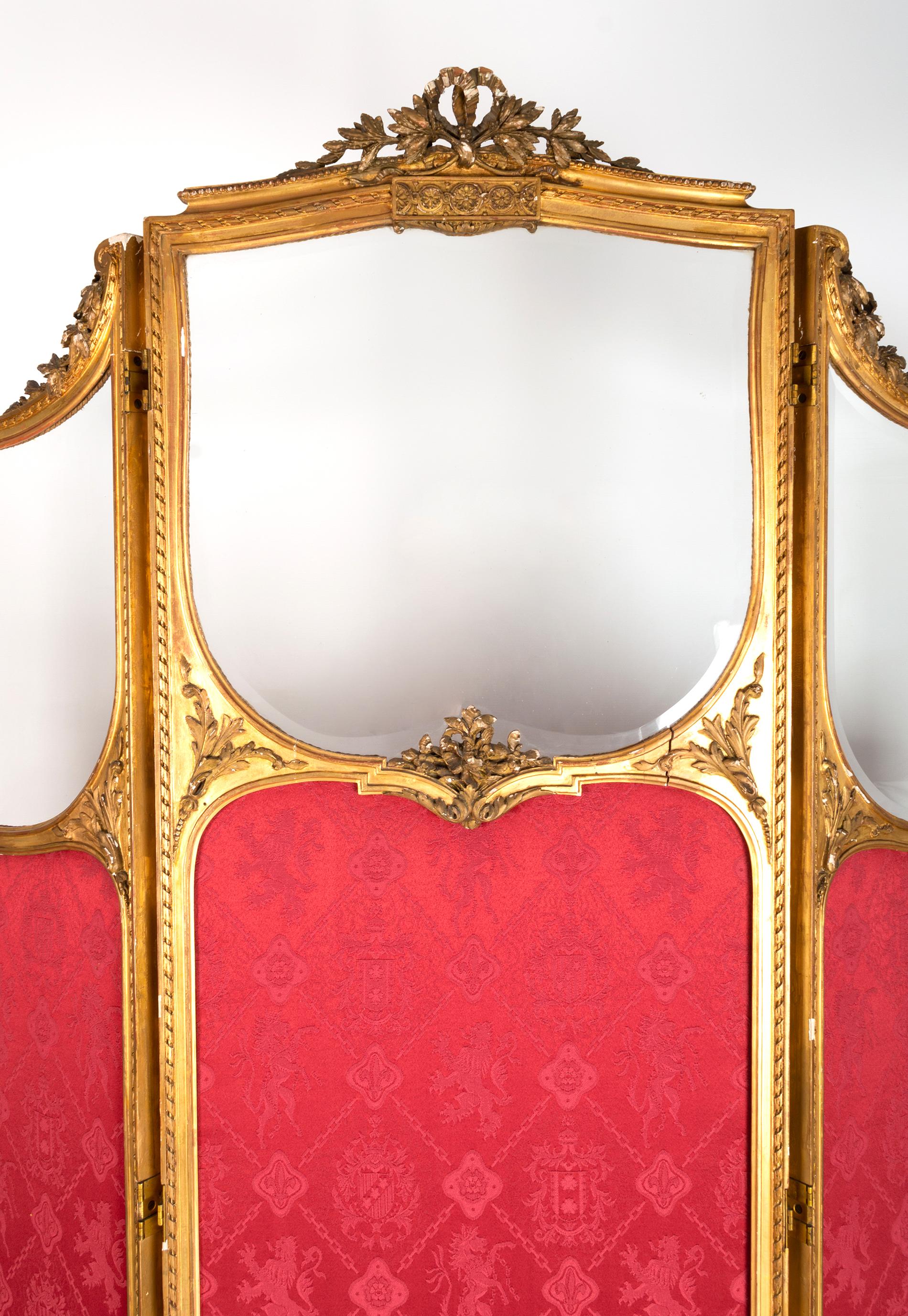 Antique 19th Century French Louis XVI Stye Gilt Three Panel Screen Room Divider For Sale 7