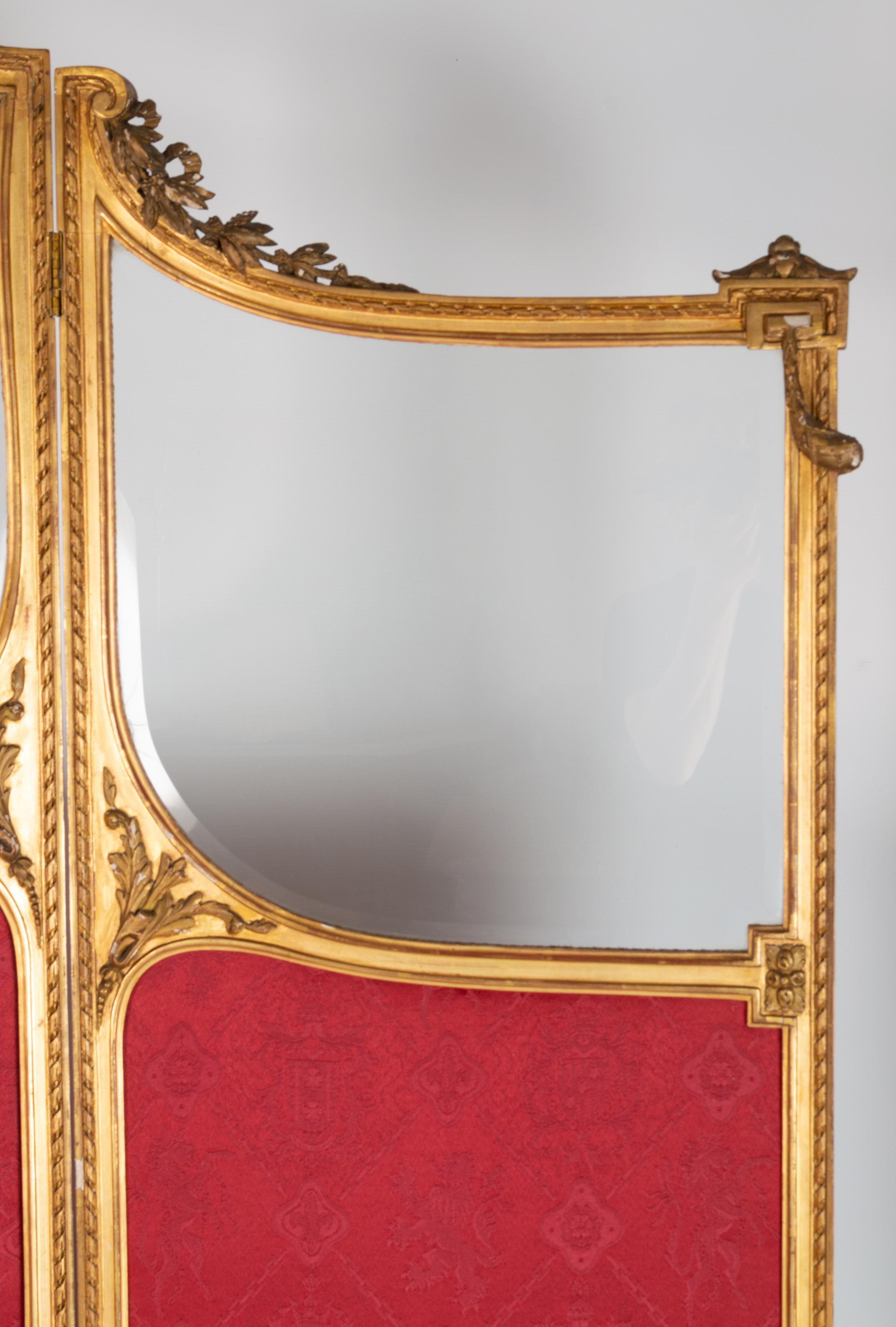 Antike 19. Jahrhundert Französisch Louis XVI Stil vergoldet drei Panel Bildschirm Raumteiler (Louis XVI.) im Angebot