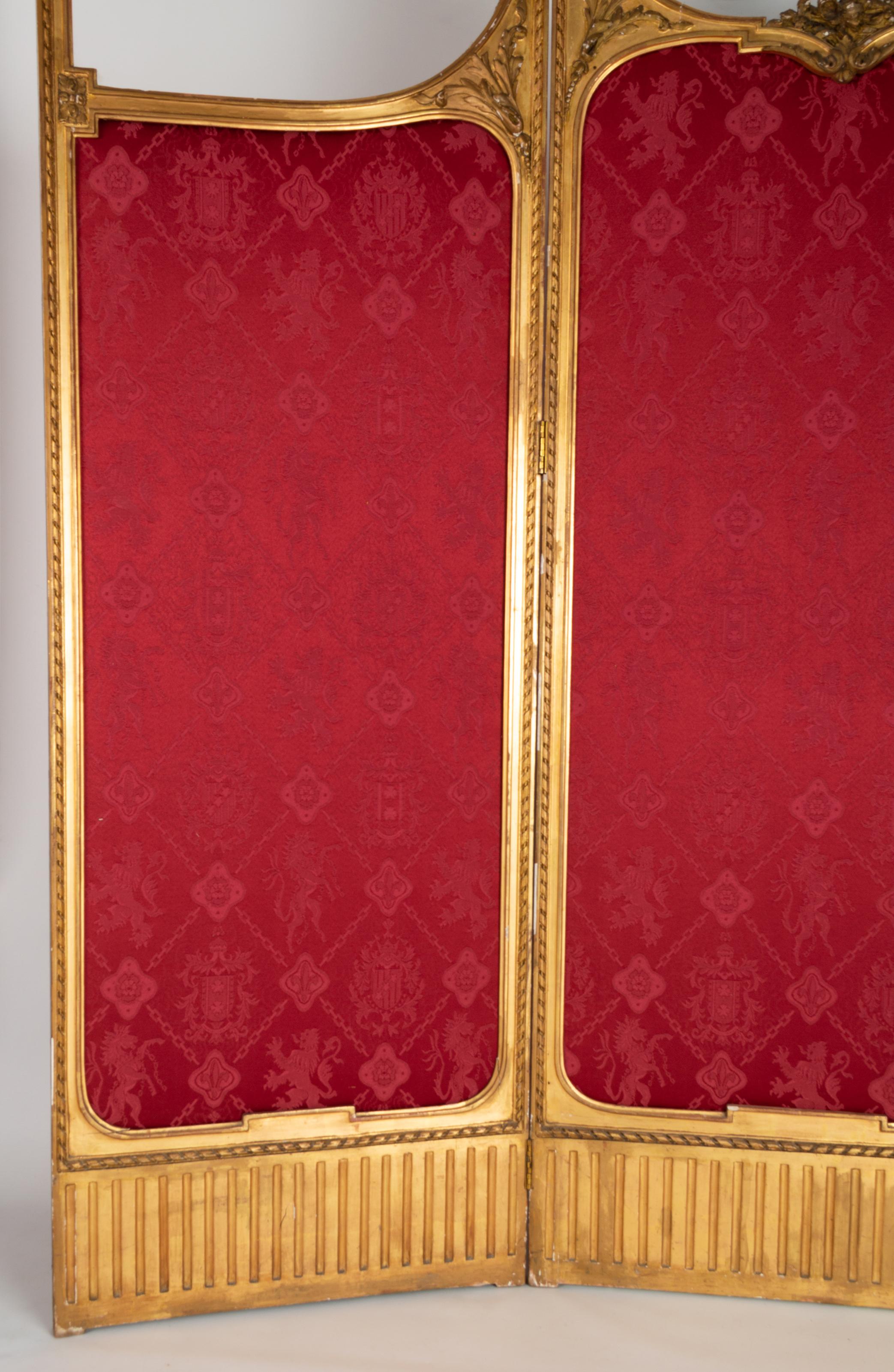 Fabric Antique 19th Century French Louis XVI Stye Gilt Three Panel Screen Room Divider For Sale