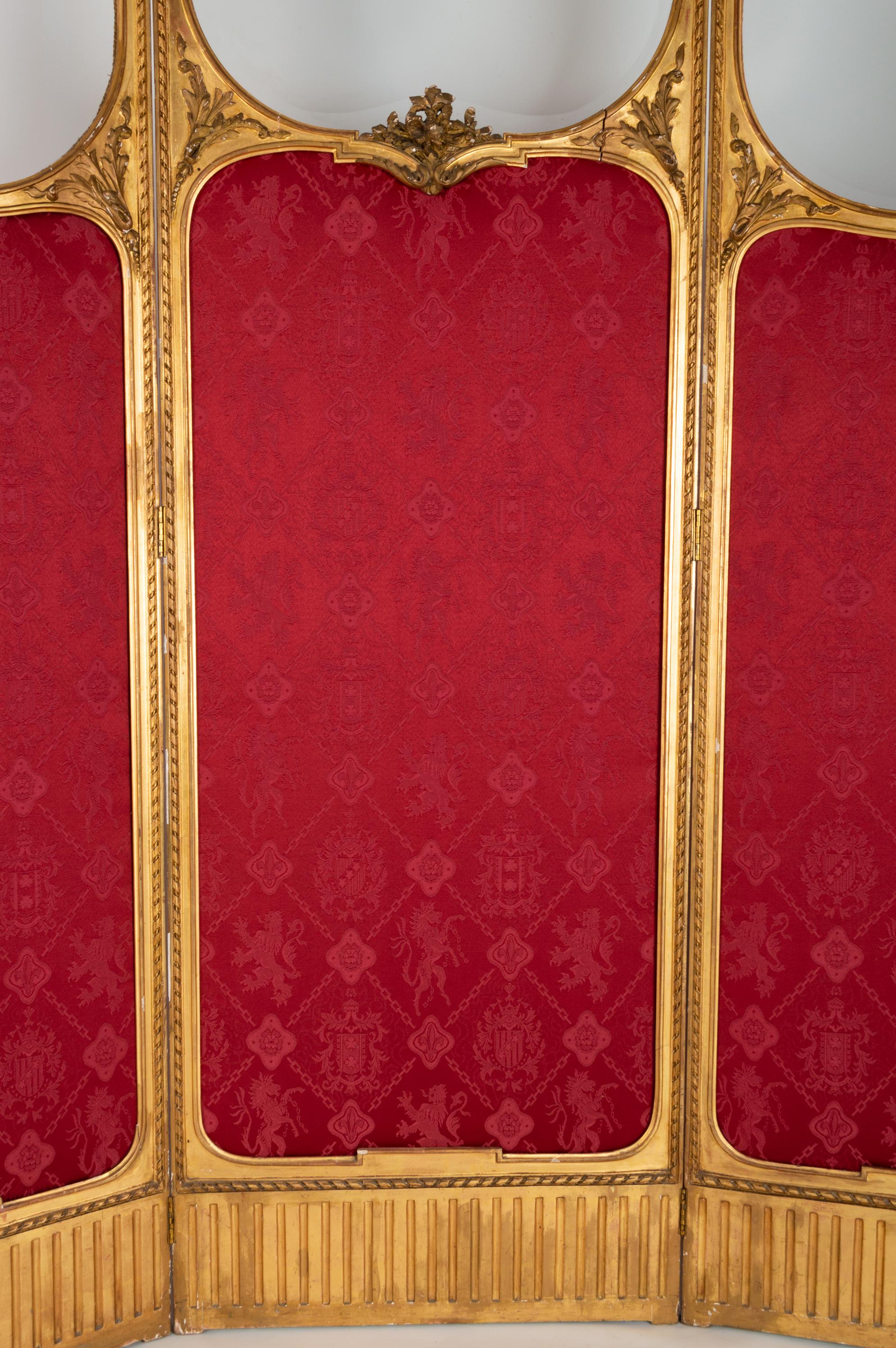 Antique 19th Century French Louis XVI Stye Gilt Three Panel Screen Room Divider For Sale 1