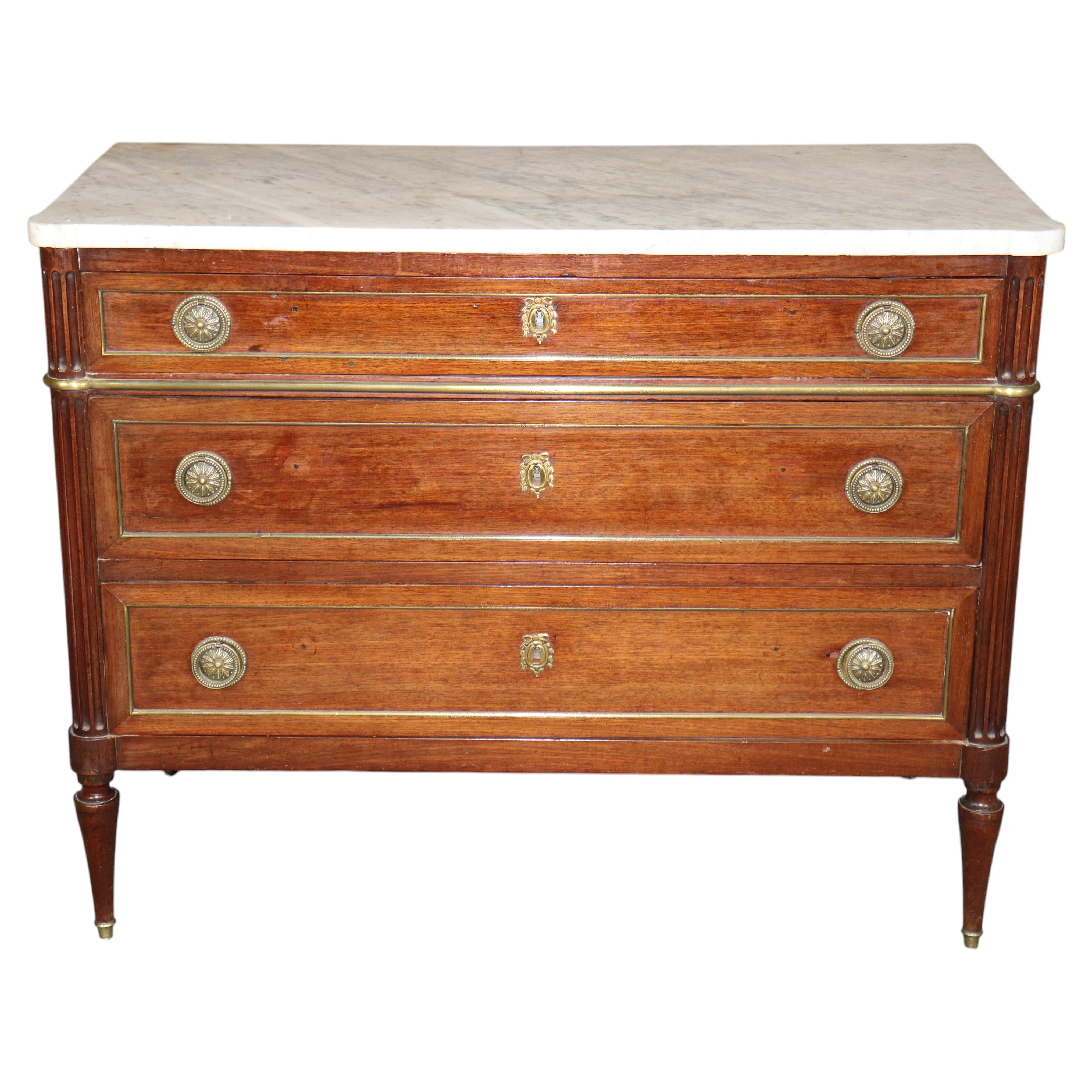 Antique 19th Century French Louis XVI Style Bronze Mounted Marble Top Commode