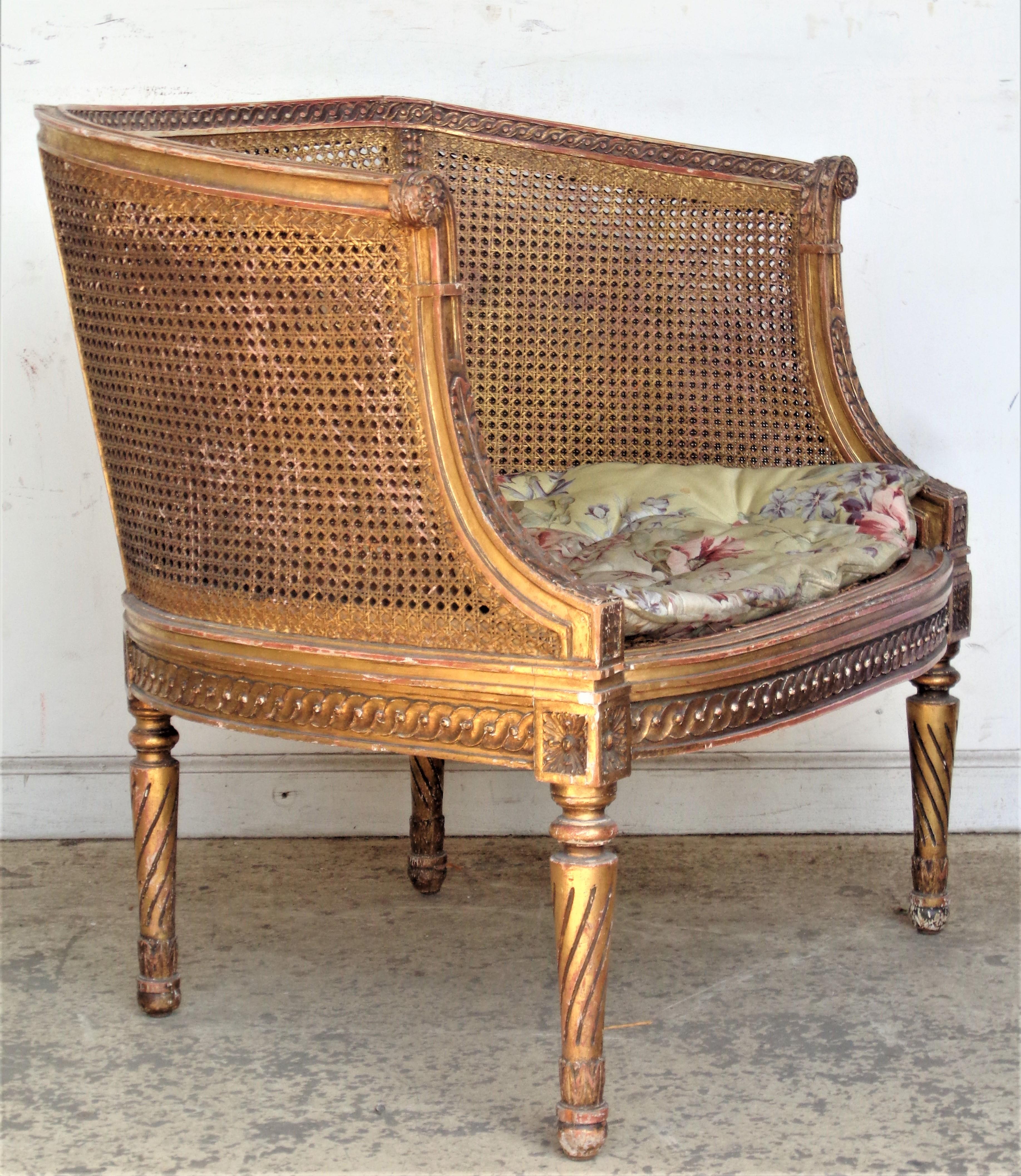  19th Century French Louis XVI Style Carved Giltwood Bergere 11