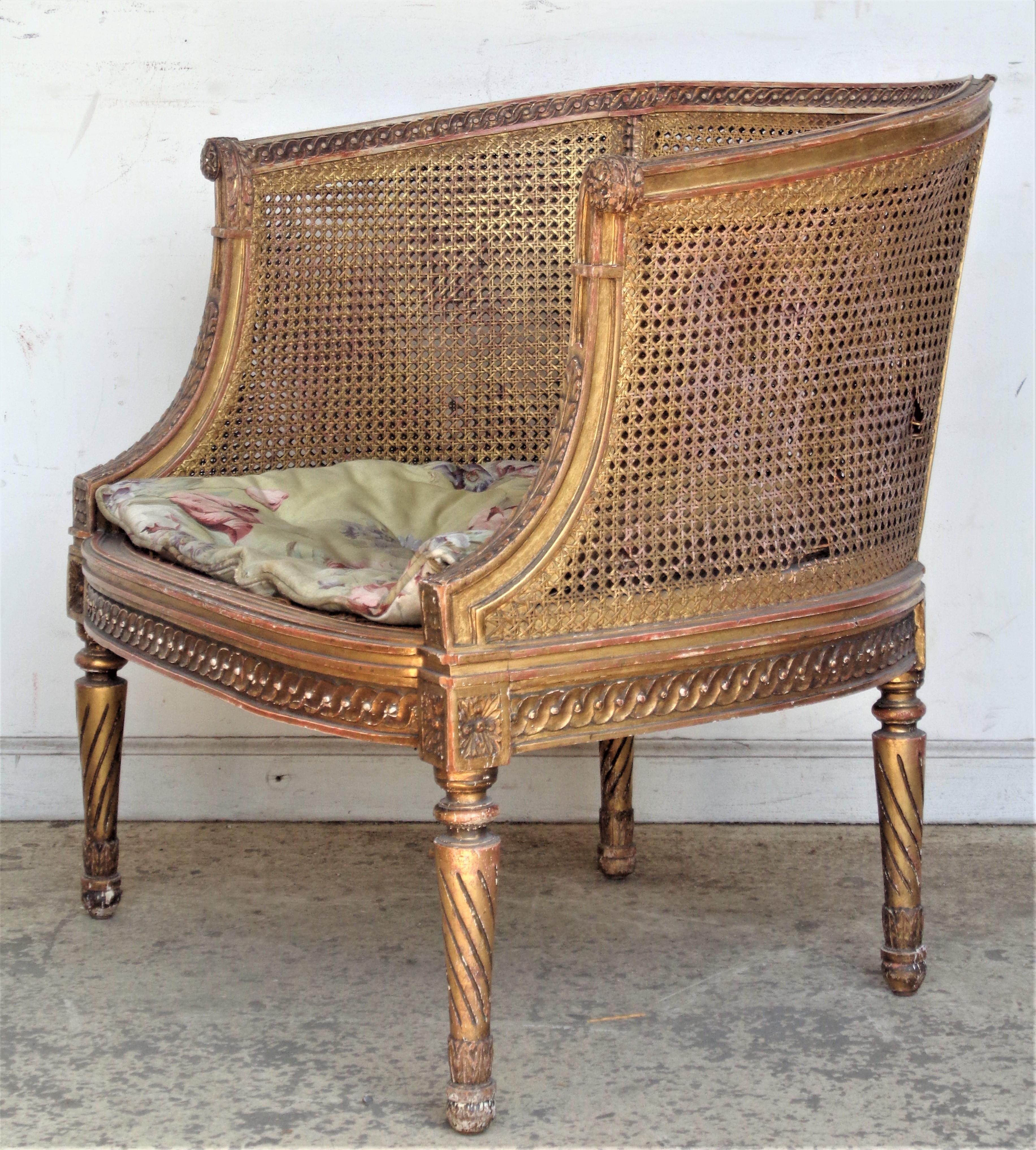  19th Century French Louis XVI Style Carved Giltwood Bergere 12