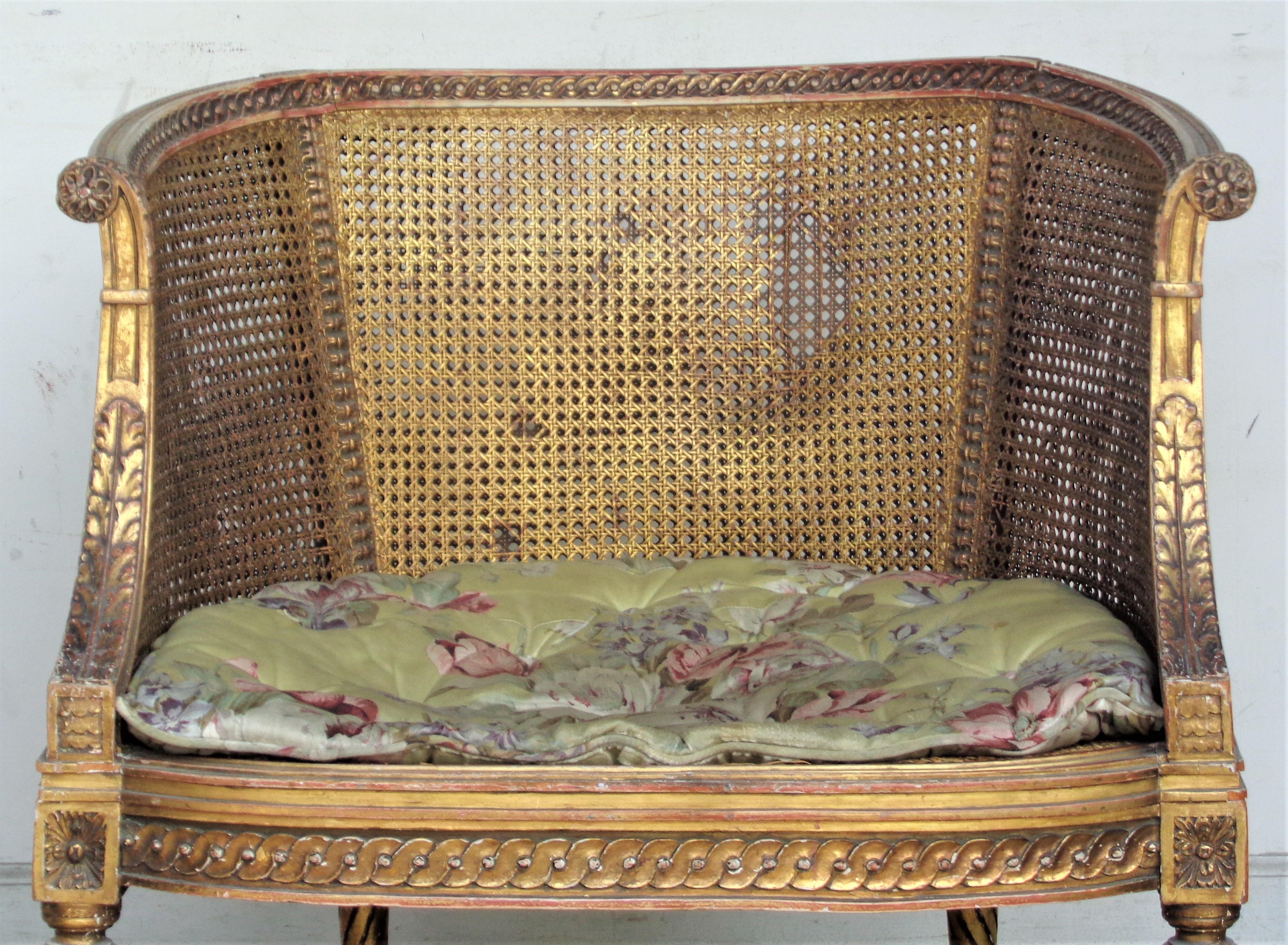  19th Century French Louis XVI Style Carved Giltwood Bergere In Fair Condition In Rochester, NY