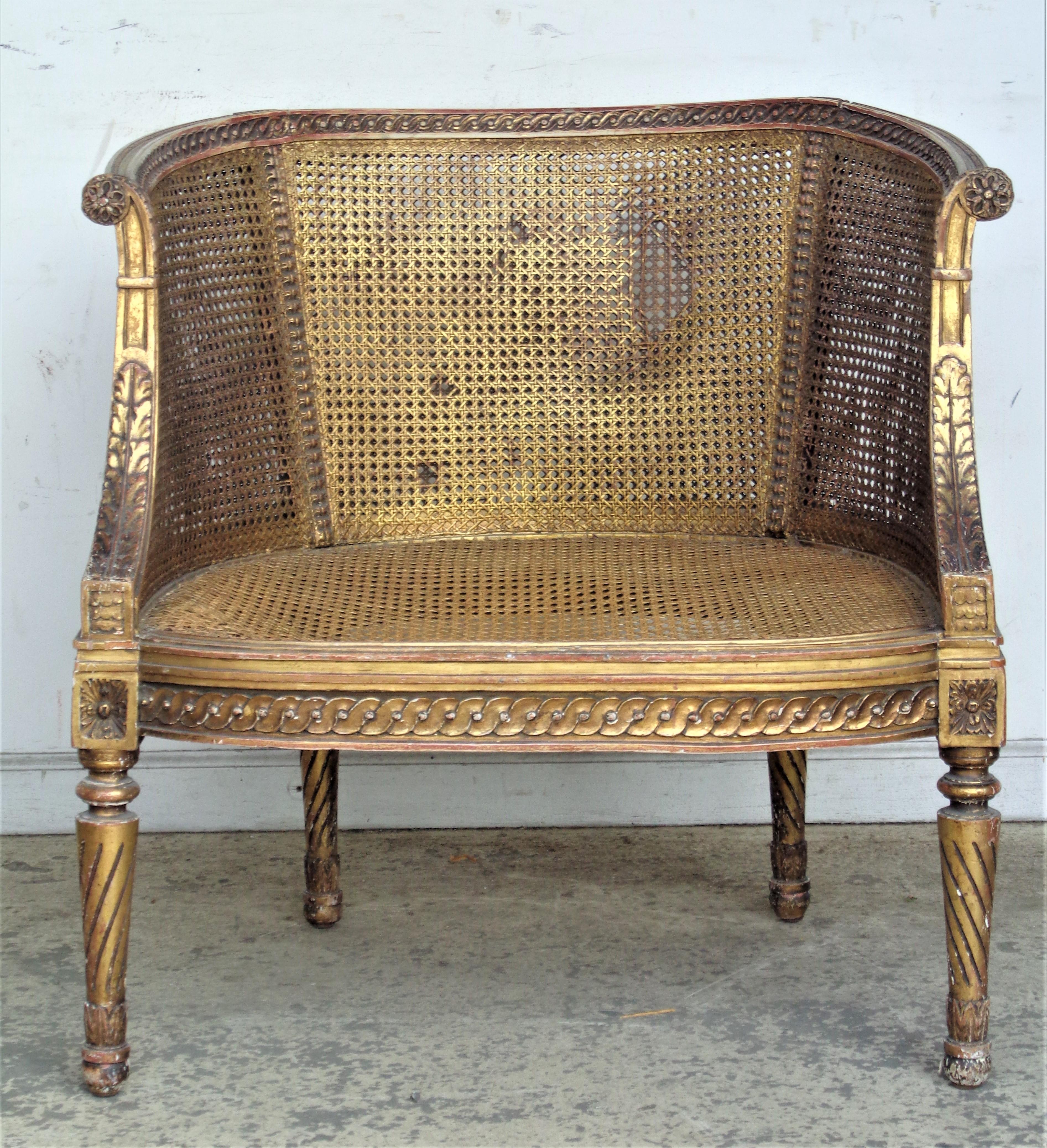  19th Century French Louis XVI Style Carved Giltwood Bergere 1