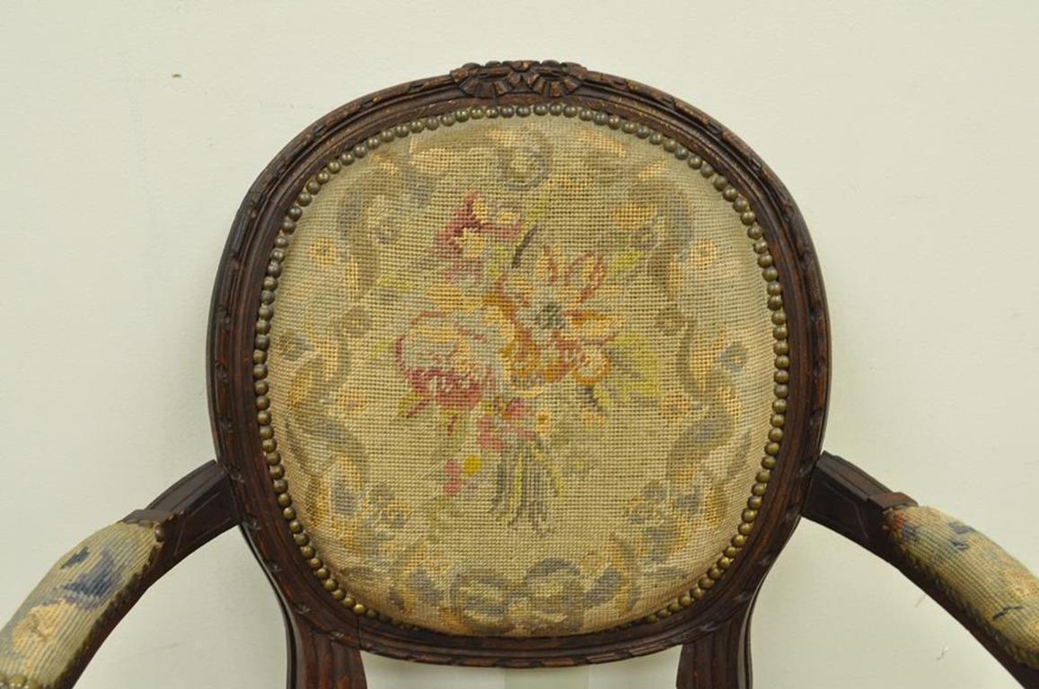 Antique 19th Century French Louis XVI Style Needlepoint Fireside Armchair B In Good Condition In Philadelphia, PA
