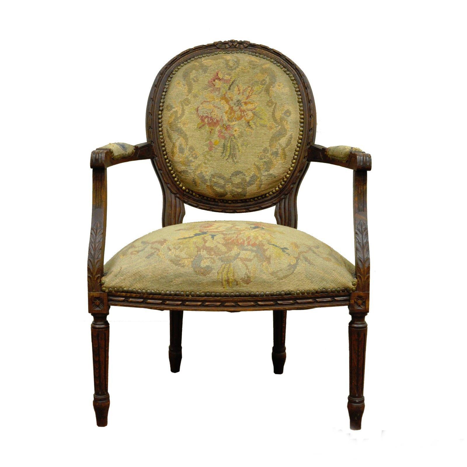 Antique 19th Century French Louis XVI Style Needlepoint Fireside Armchair B