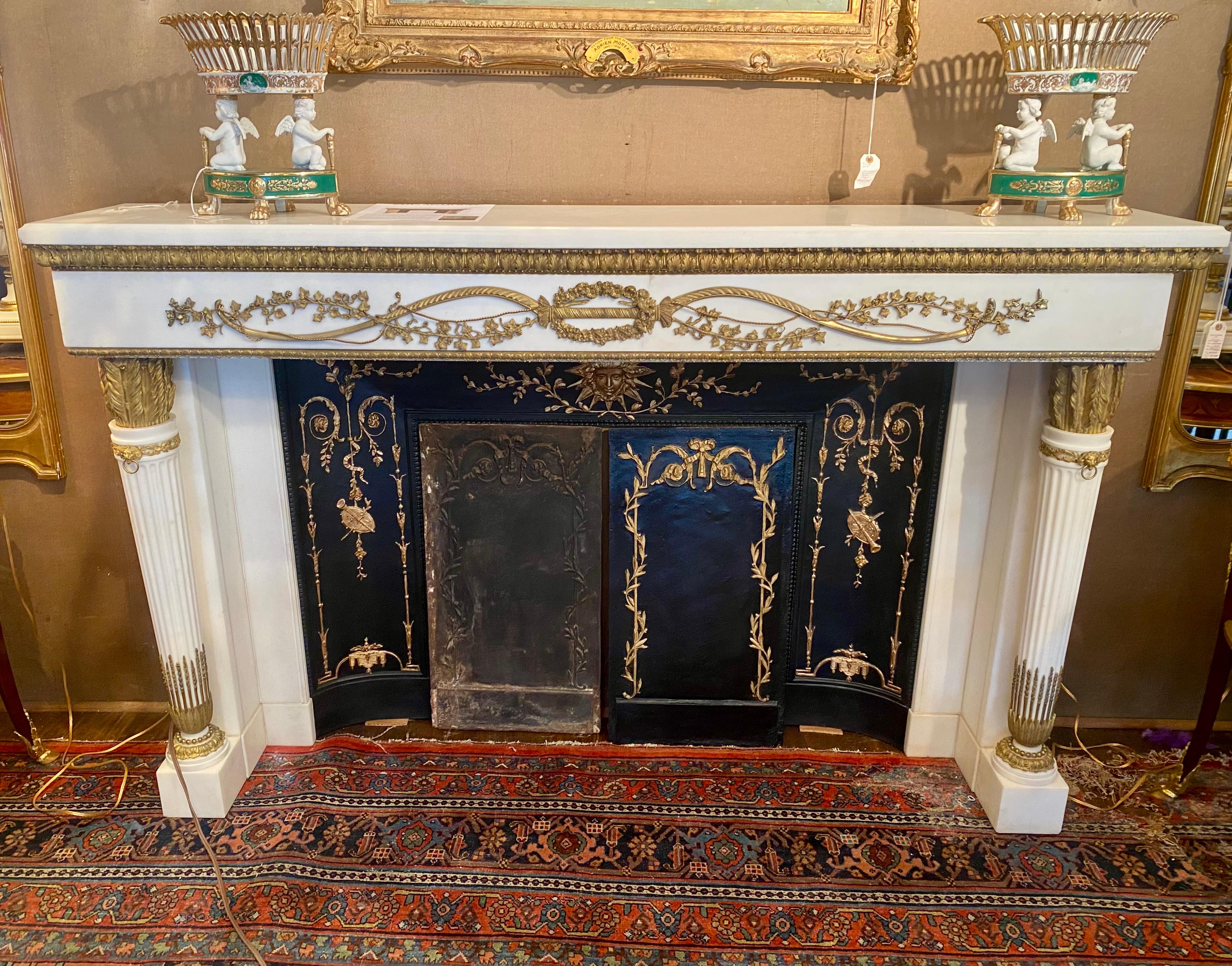 Antique 19th Century French Louis XVI Style Ormolu Mounted Carrara Marble Mantel For Sale 5