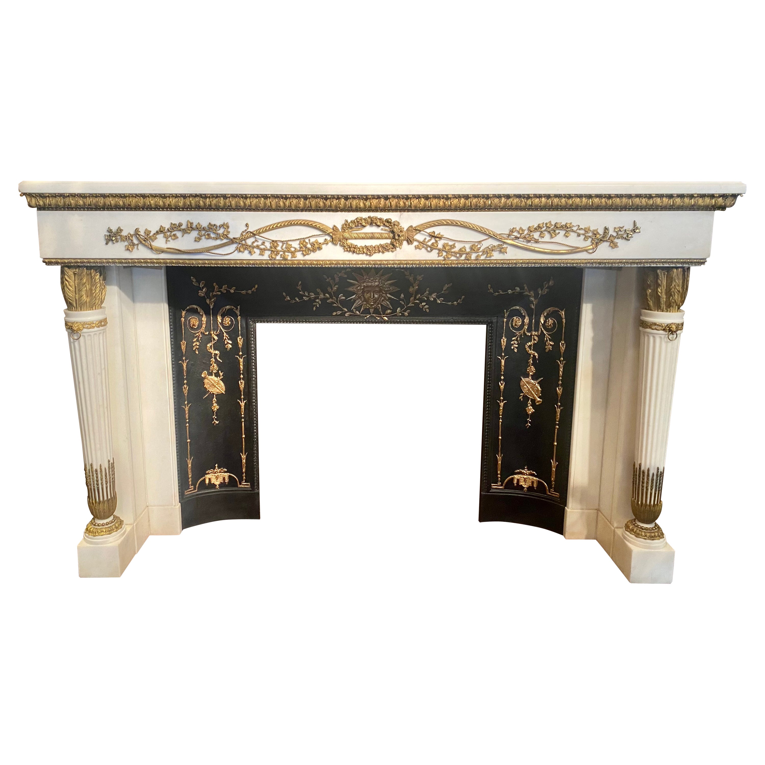 Antique 19th Century French Louis XVI Style Ormolu Mounted Carrara Marble Mantel