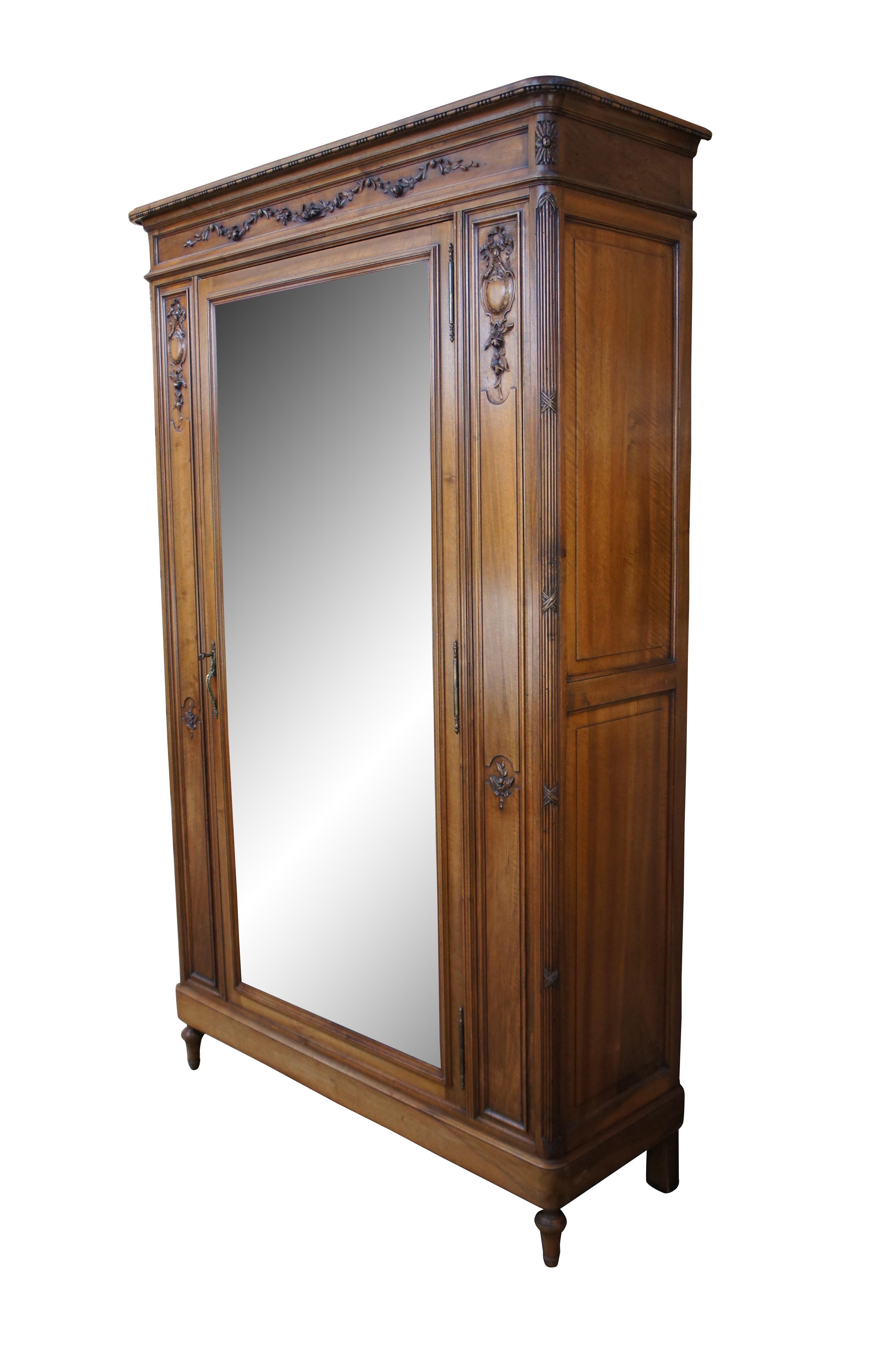 Antique 19th Century French Louis XVI Walnut Carved Armoire Wardrobe Linen Press In Good Condition In Dayton, OH