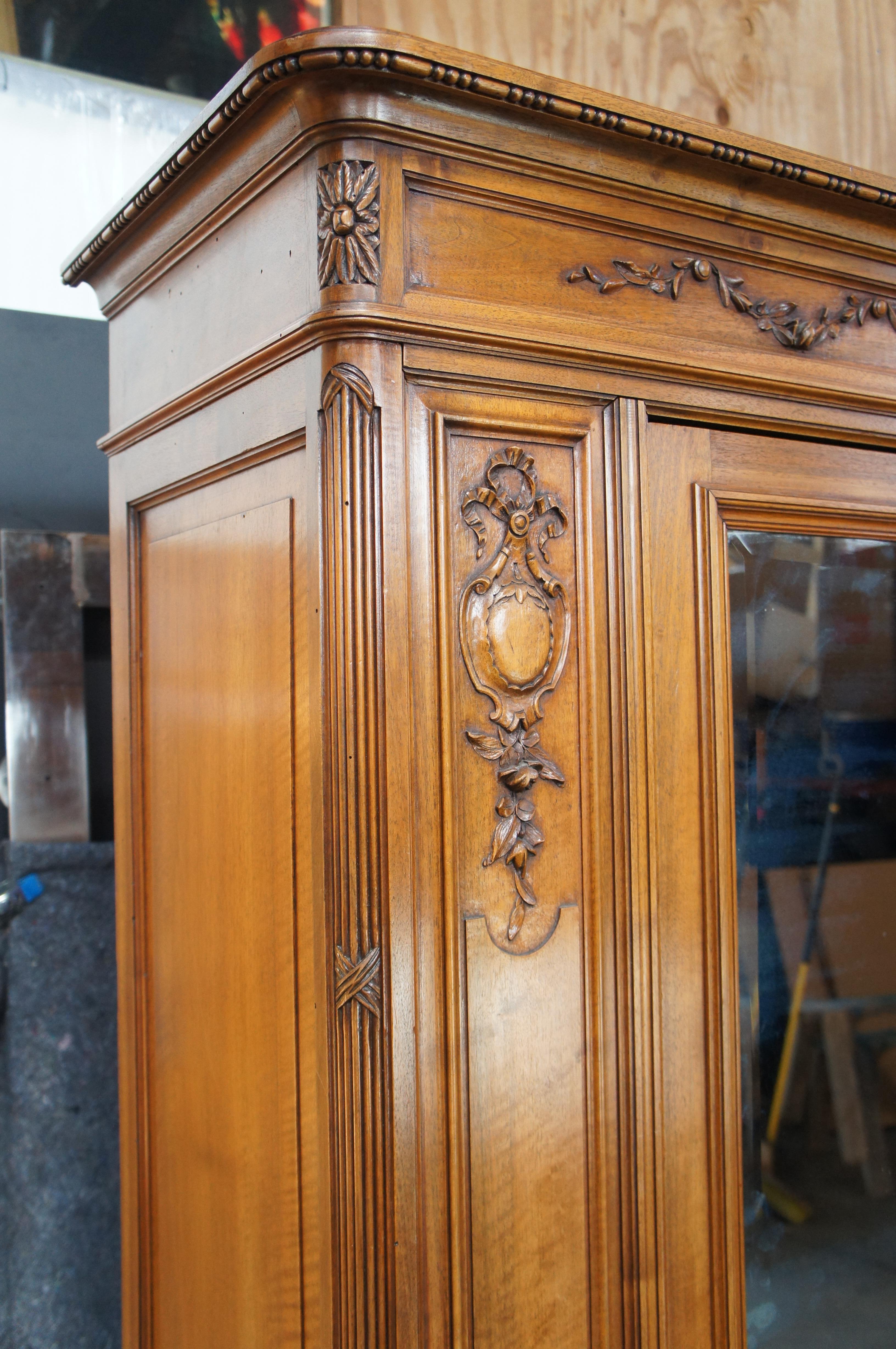 Mirror Antique 19th Century French Louis XVI Walnut Carved Armoire Wardrobe Linen Press