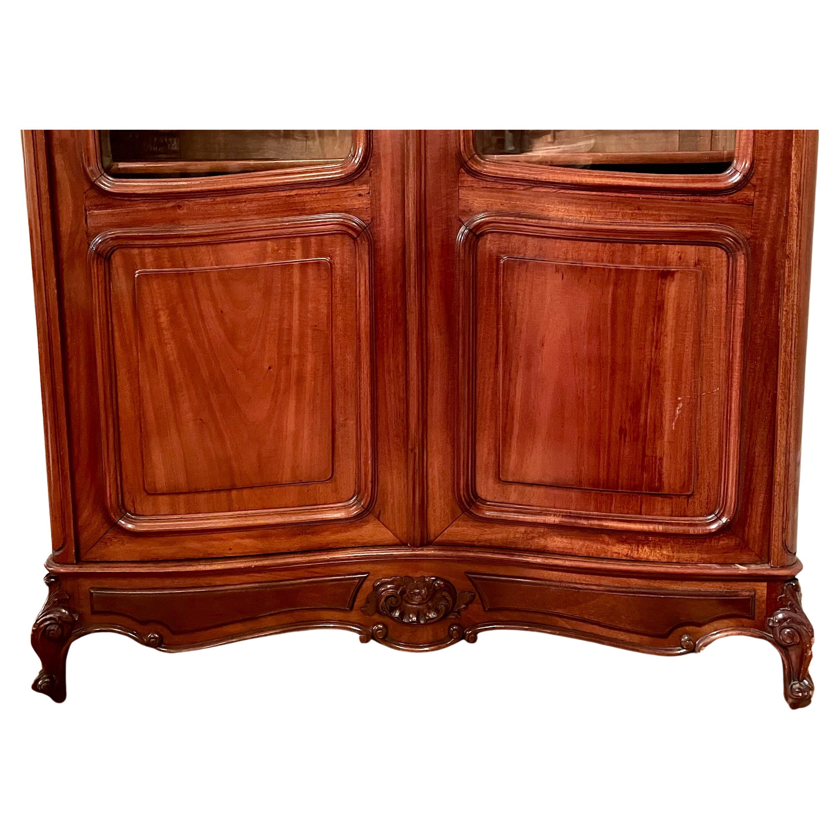 Antique 19th Century French Mahogany Beveled Glass Front 2-Door Cabinet, Ca 1890 For Sale 1