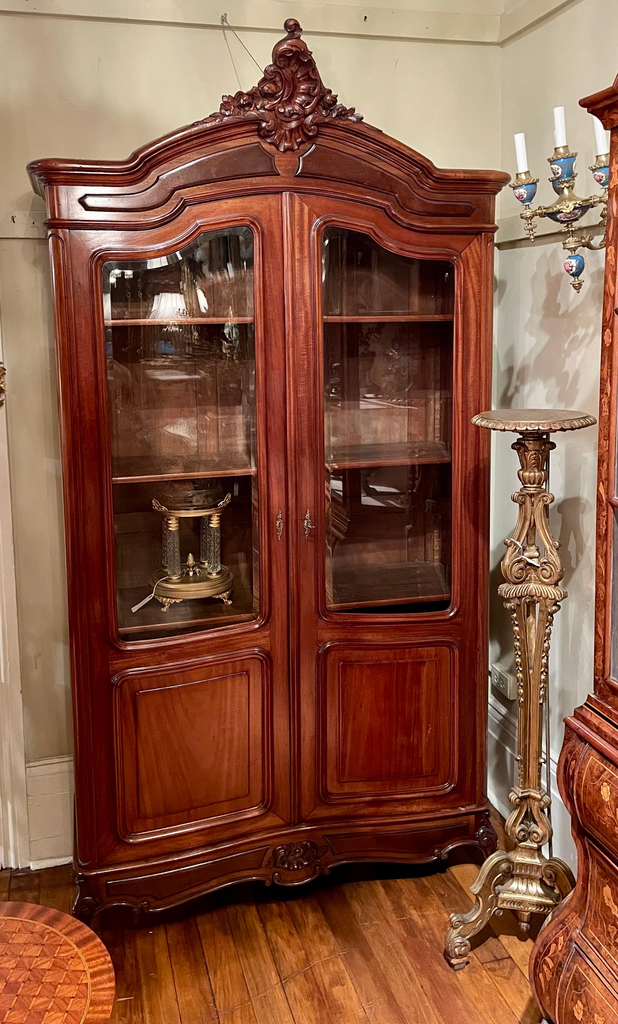 Antique 19th Century French Mahogany Beveled Glass Front 2-Door Cabinet, Ca 1890 For Sale 5